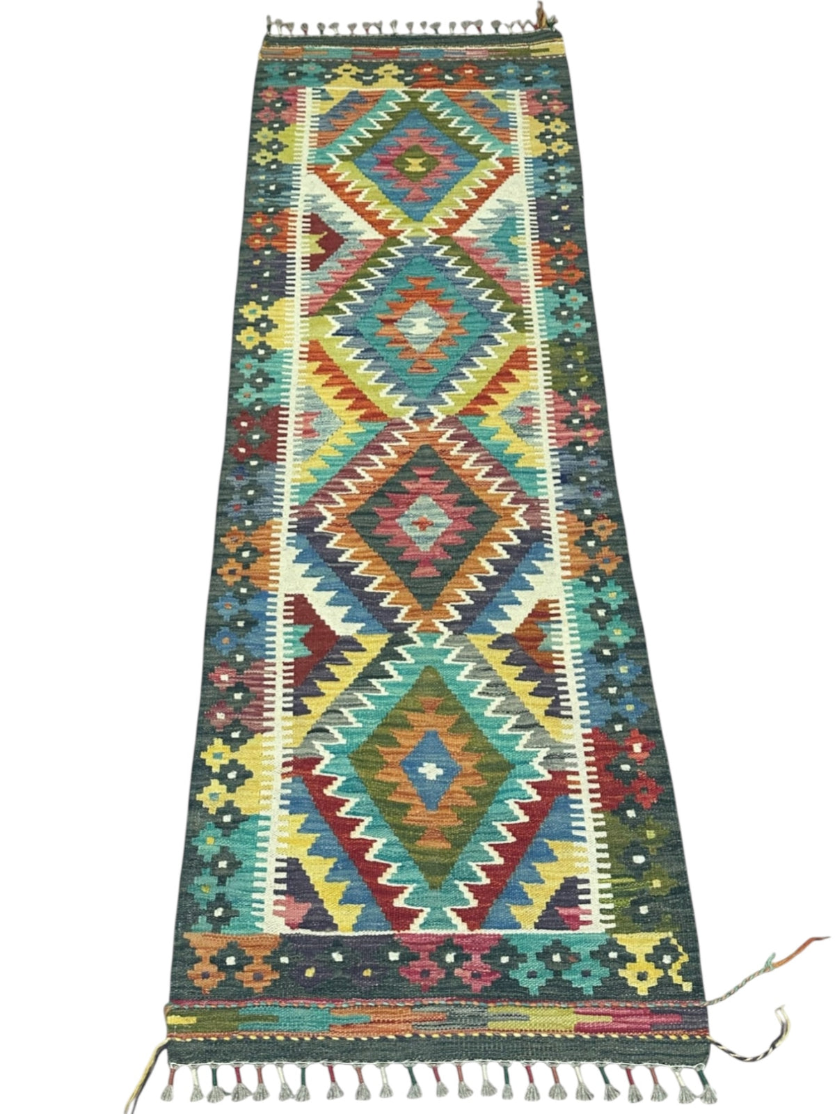 Afghan Kilim Runner 2x6, Teal, Ivory & Gold, Hand-Woven Wool Flatweave, view 2