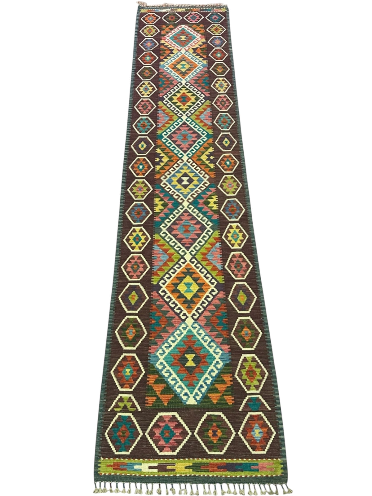 Afghan Kilim Runner 3x12, Brown, Ivory & Rust, Hand-Woven Wool Flatweave, view 2