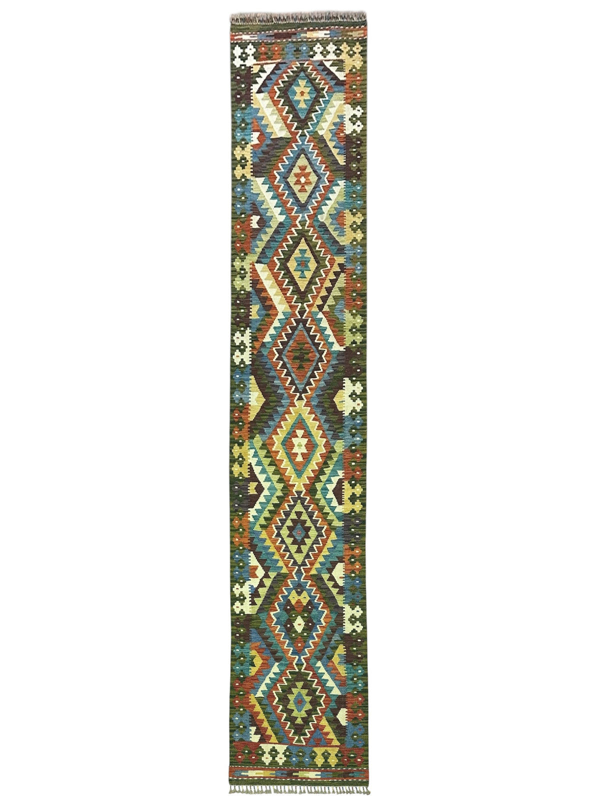 Afghan Kilim Runner 3x12, Olive Green, Navy & Ivory, Hand-Woven Wool Flatweave