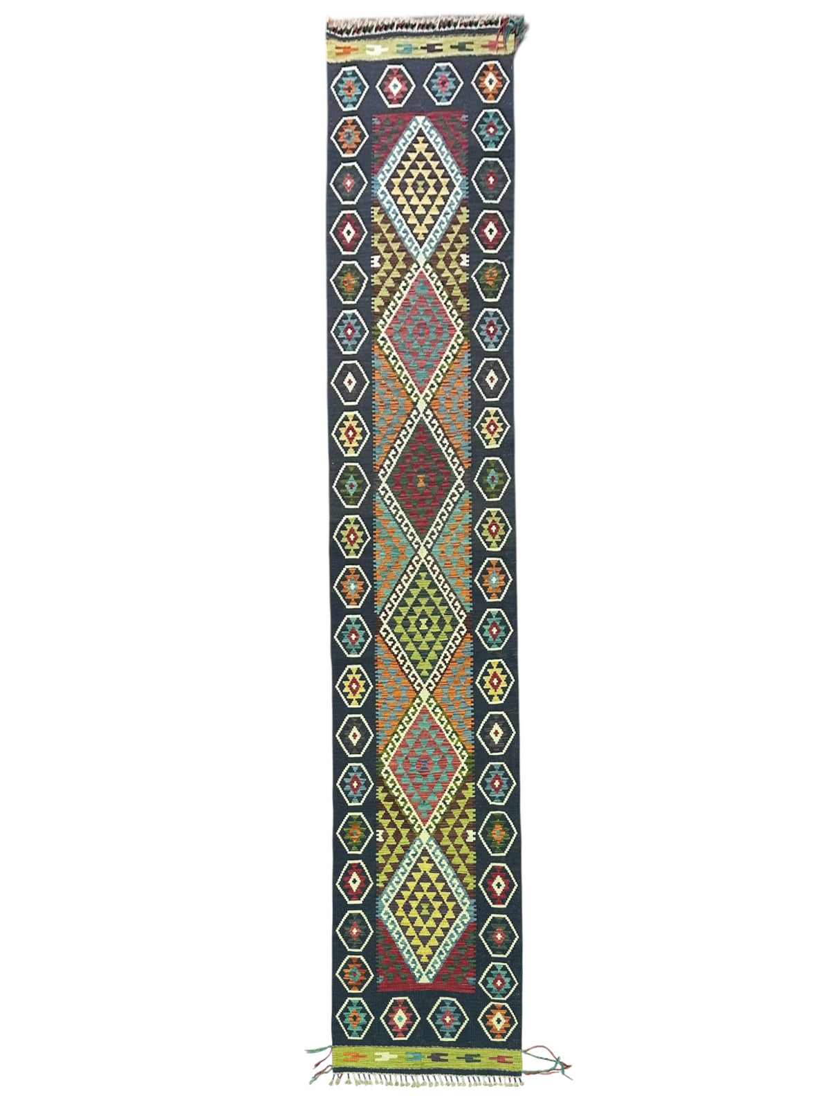 Afghan Kilim Runner 3x13, Navy, Rust & Ivory, Hand-Woven Wool Flatweave