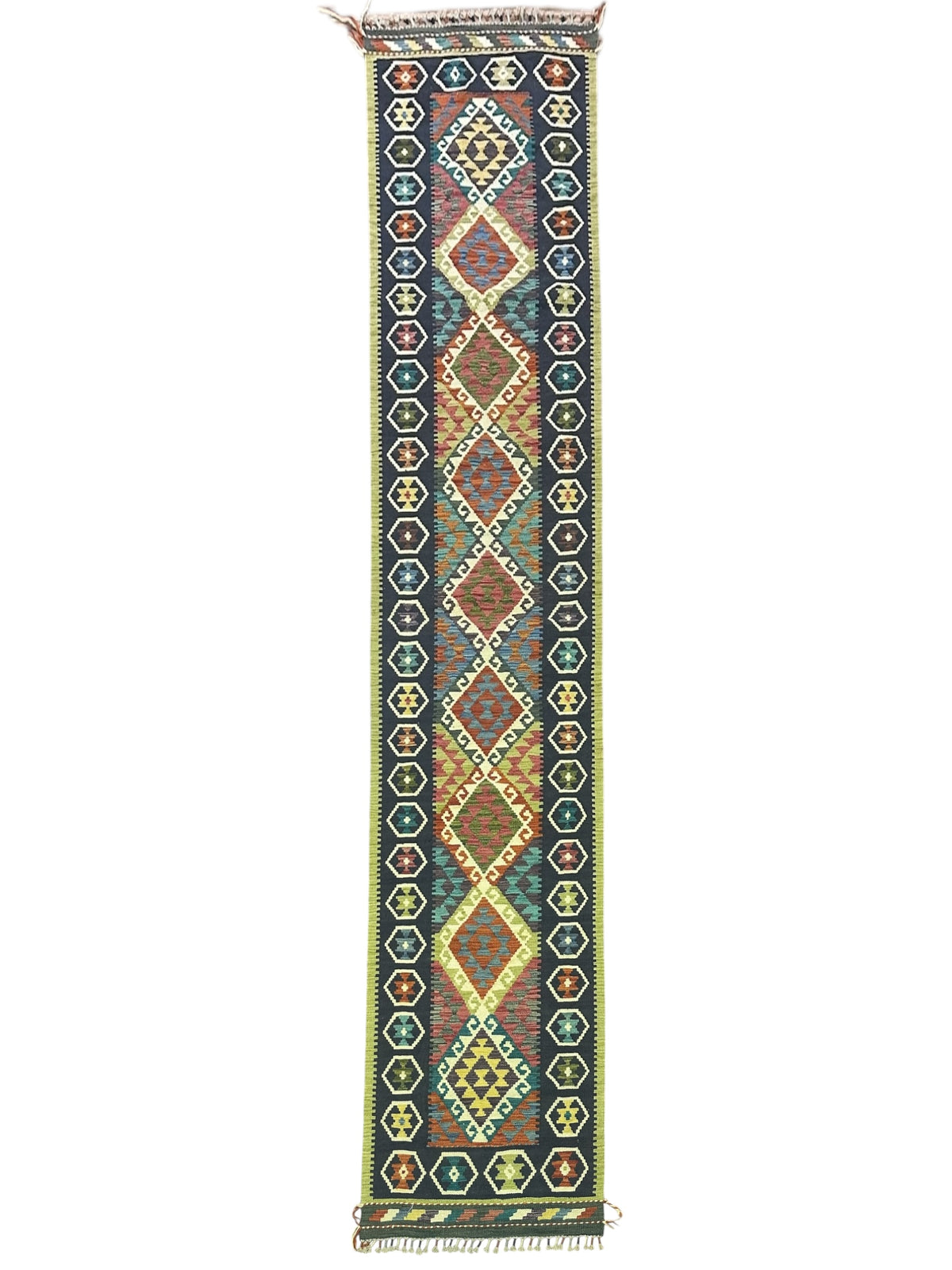 Afghan Kilim Runner 3x12, Navy, Rust & Ivory, Hand-Woven Wool Flatweave
