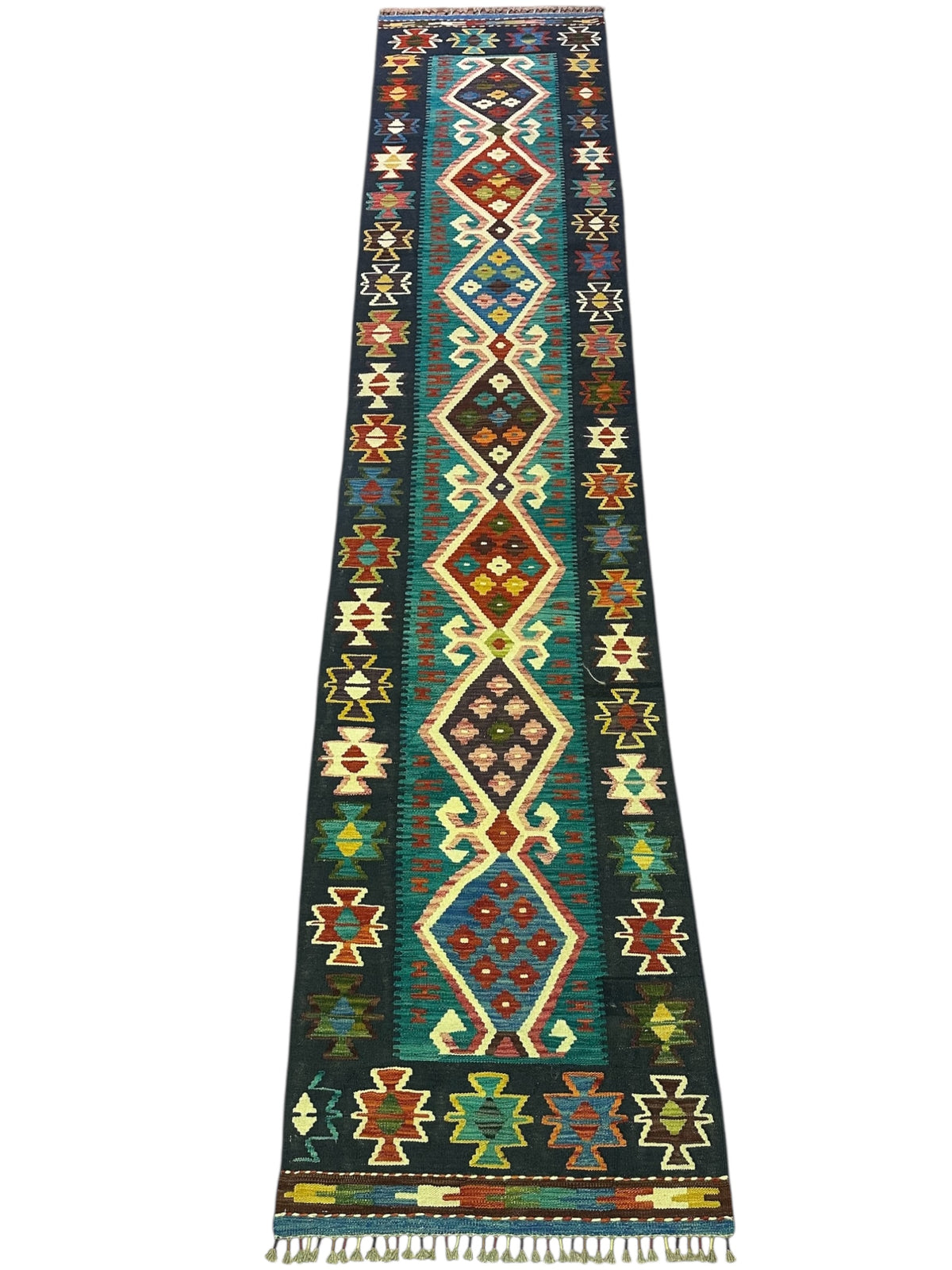 Afghan Kilim Runner 3x13, Navy, Blue & Ivory, Hand-Woven Wool Flatweave, view 2