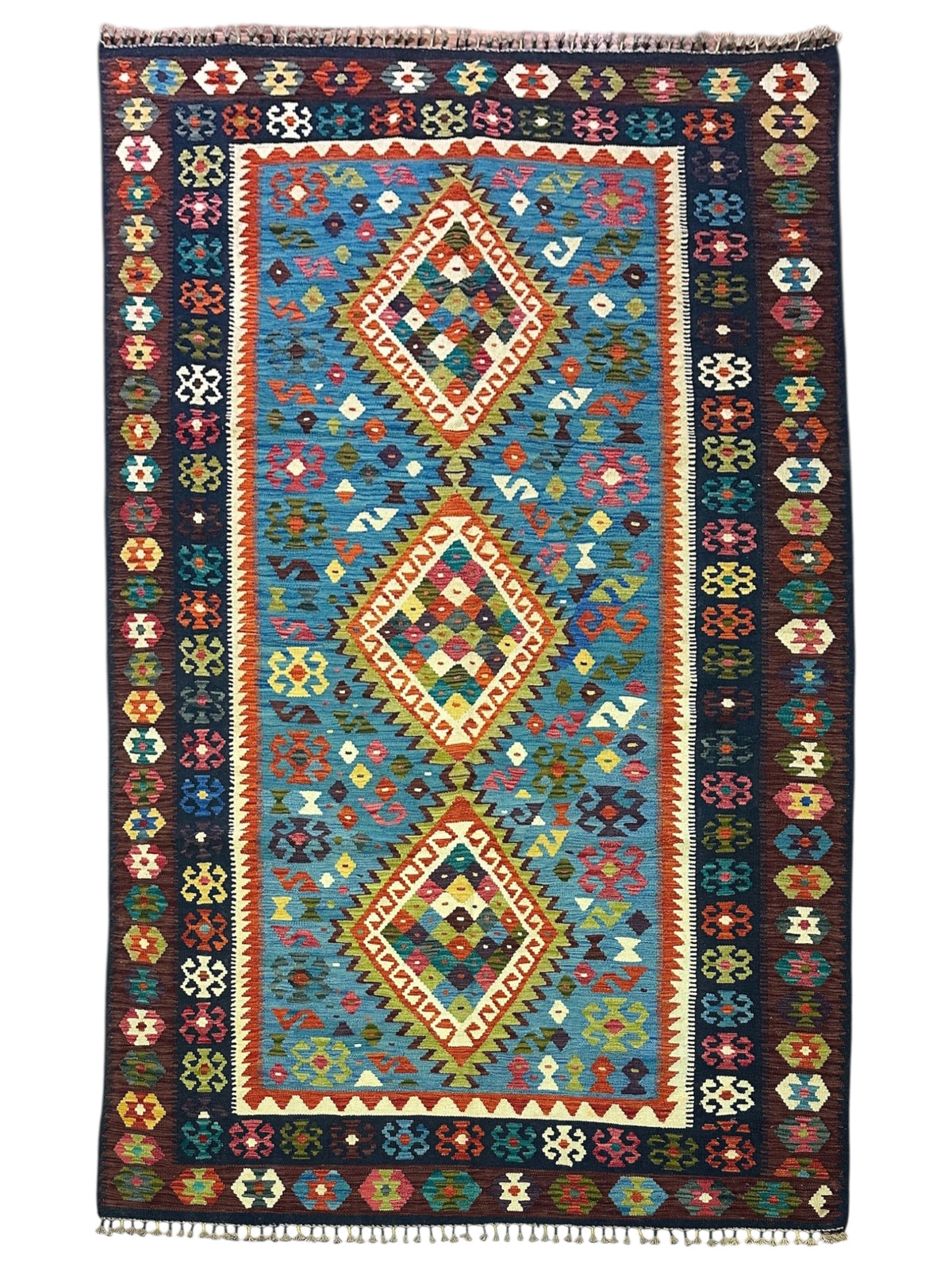 Afghan Kilim Rug 7x10, Blue, Navy & Rust, Diamond Medallion Wool Flatweave