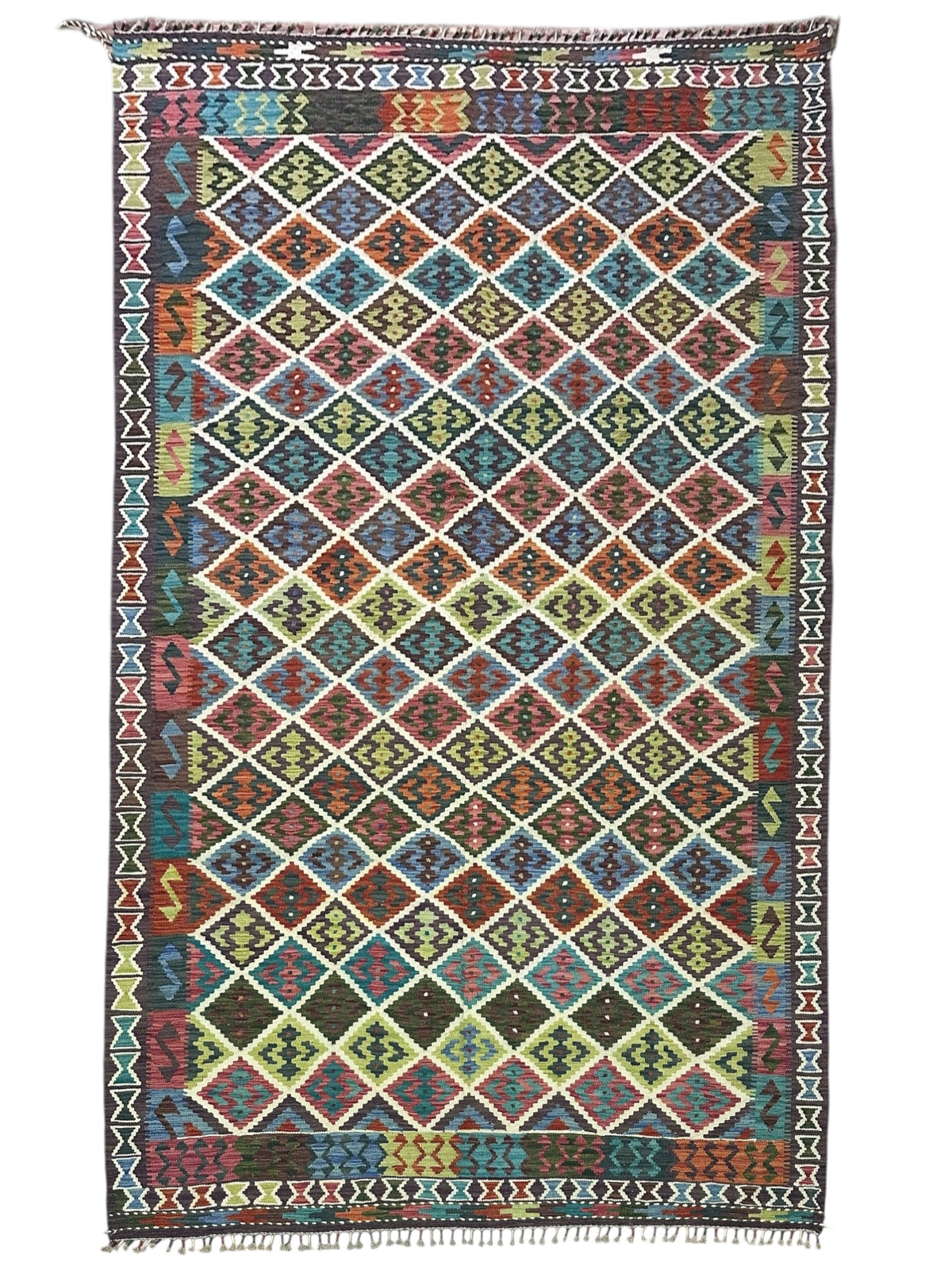 Afghan Kilim Rug 6x10, Ivory, Navy & Teal, Hand-Woven Wool Flatweave