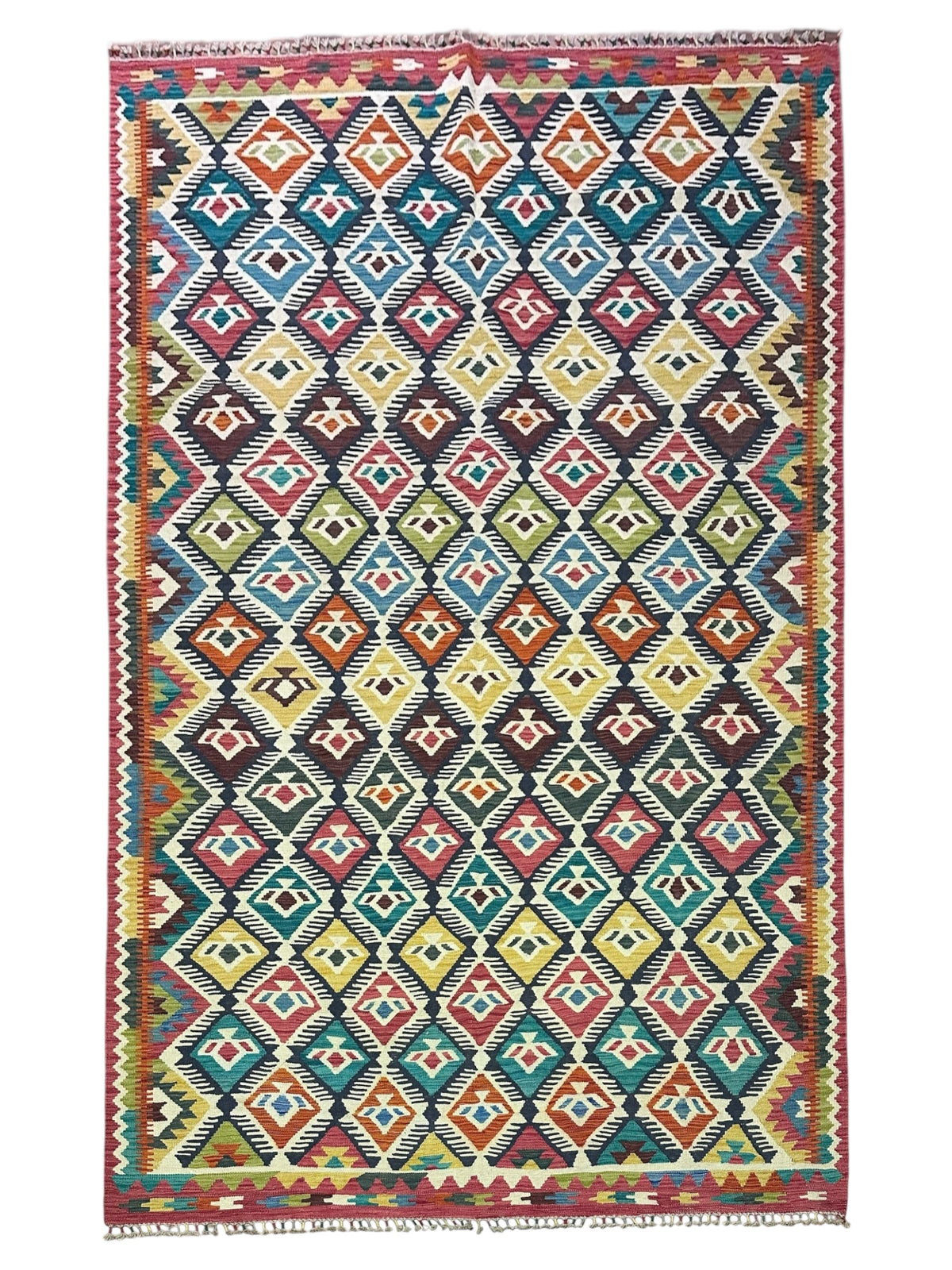 Afghan Kilim Rug 6x10, Teal, Ivory & Red, Hand-Woven Wool Flatweave