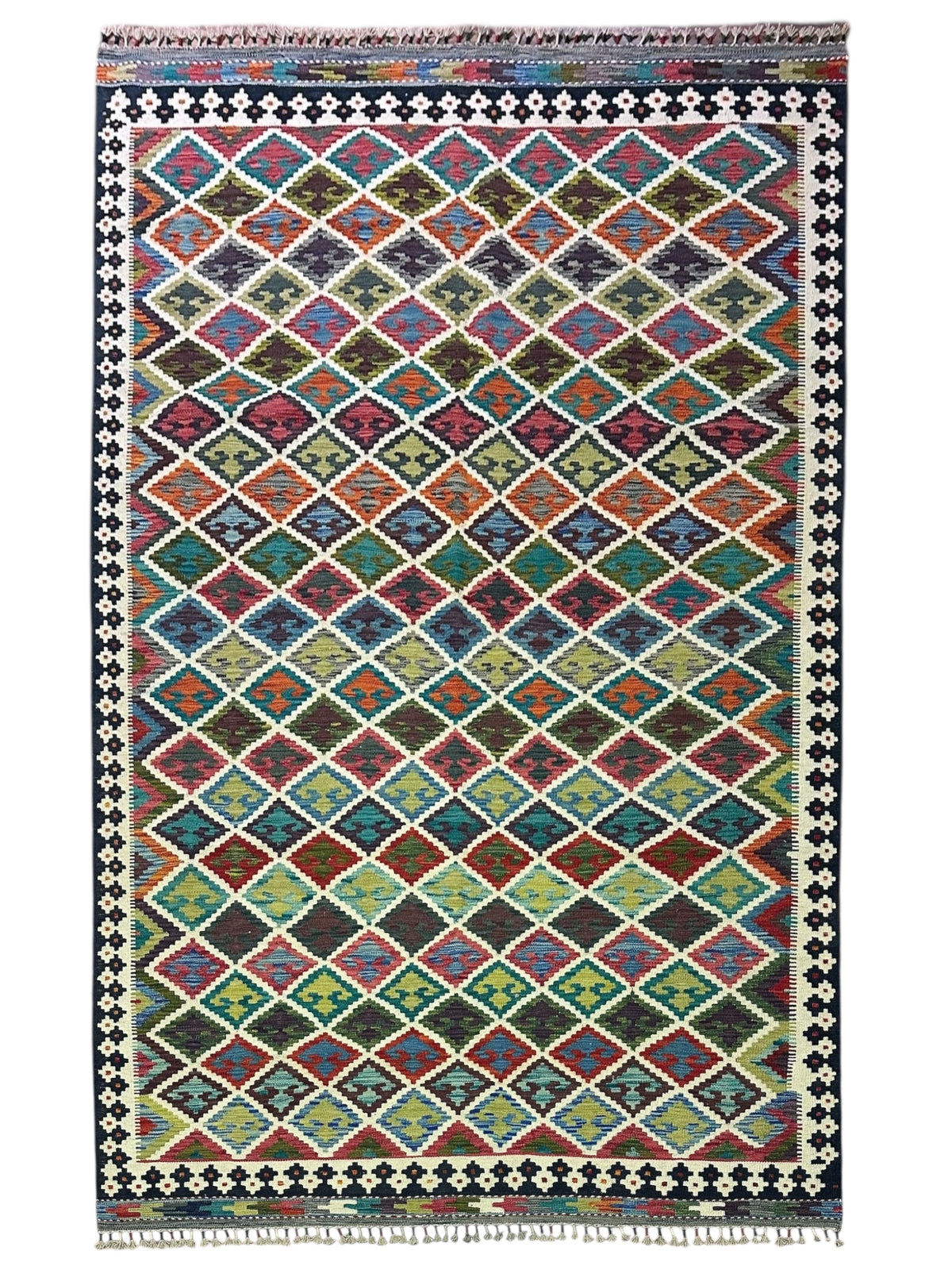 Afghan Kilim Rug 7x10, Ivory, Green & Rust, Hand-Woven Wool Flatweave