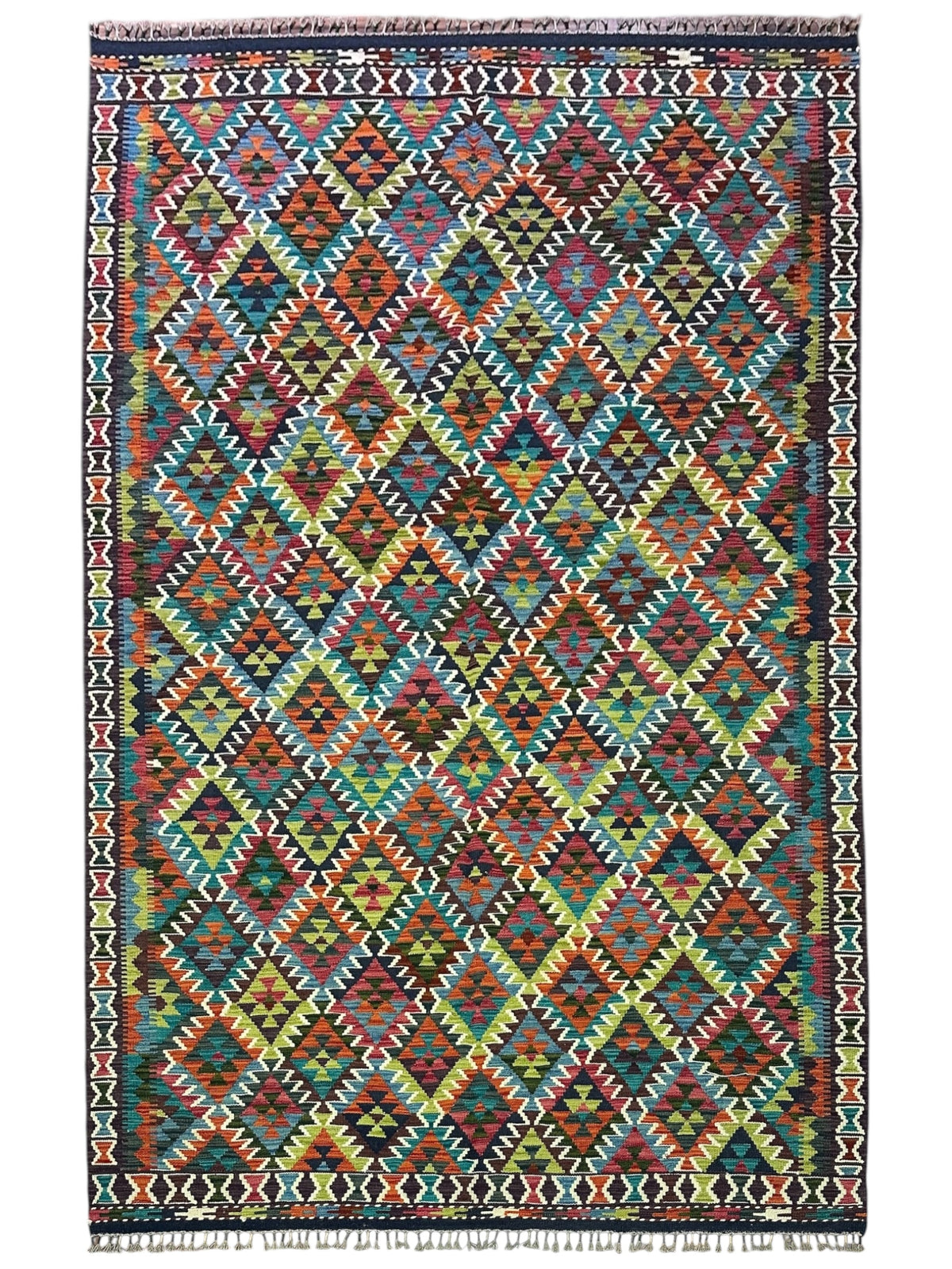 Afghan Kilim Rug 7x10, Teal, Rust & Brown, Hand-Woven Wool Flatweave