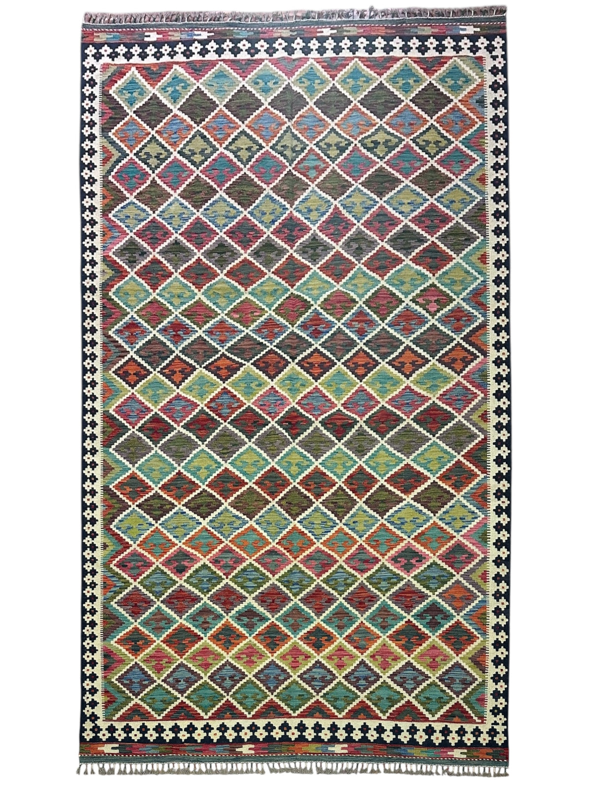 Afghan Kilim Rug 6x10, Green, Rust & Brown, Hand-Woven Wool Flatweave