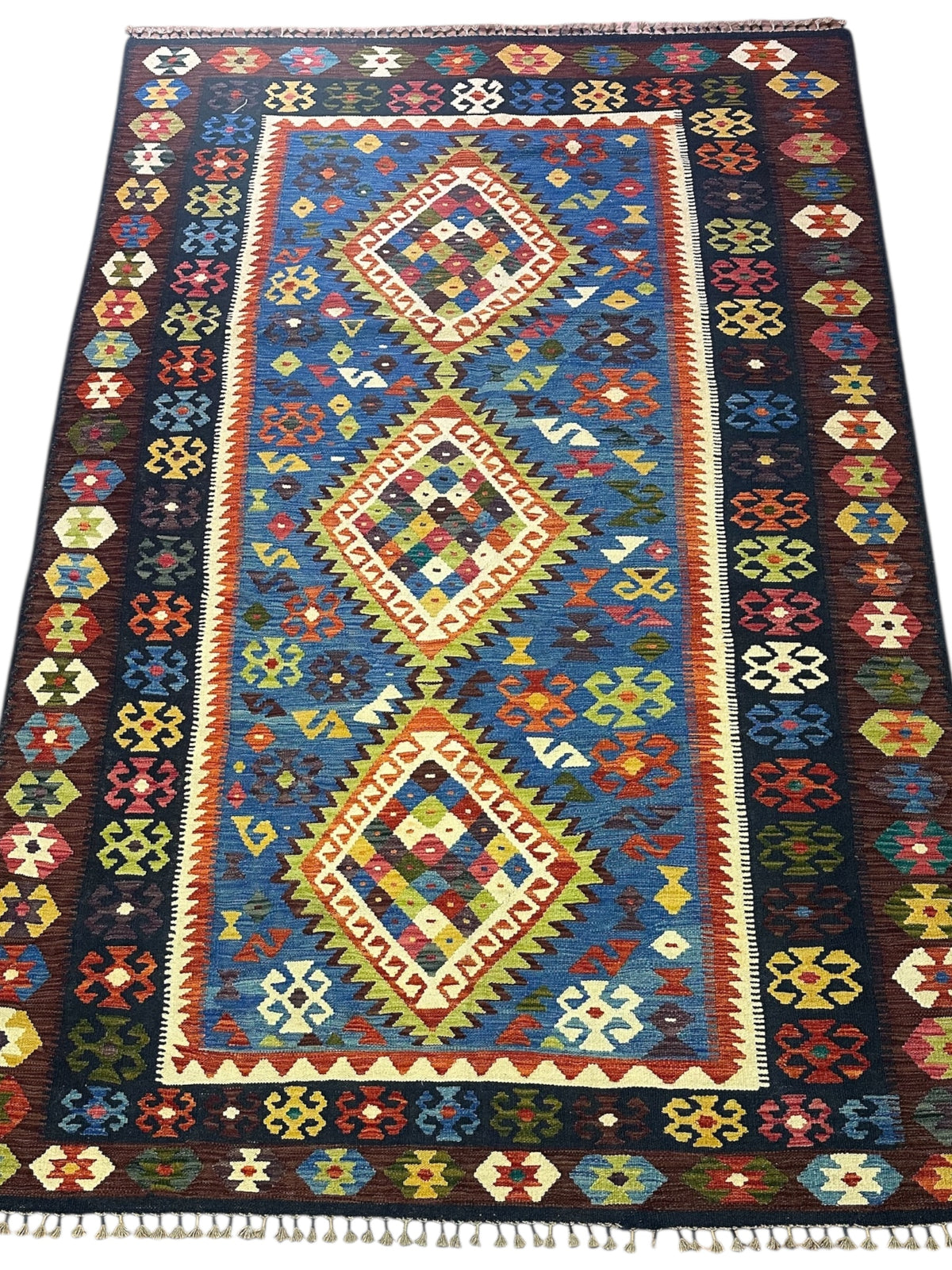 Afghan Kilim Rug 7x10, Blue, Brown & Ivory, Hand-Woven Wool Flatweave, view 2