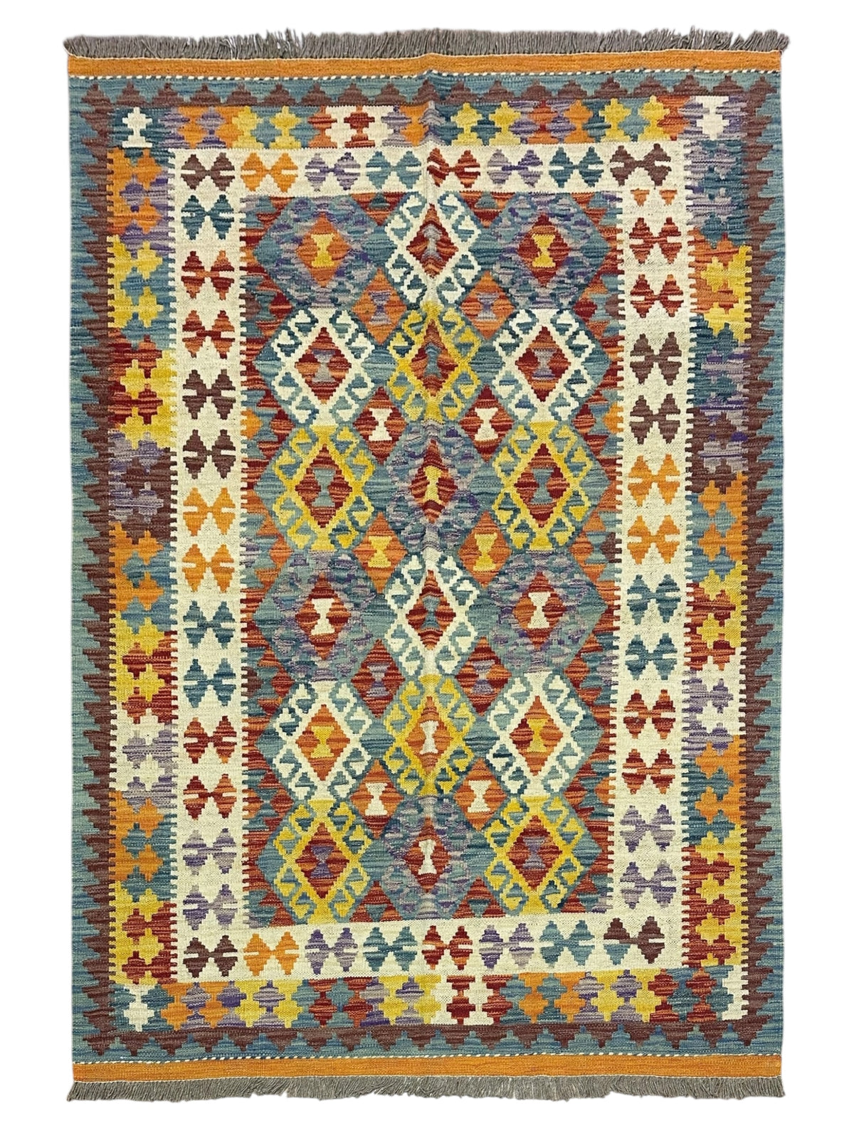 Afghan Kilim Rug 5x6, Blue, Gold & Ivory, Hand-Woven Wool Flatweave