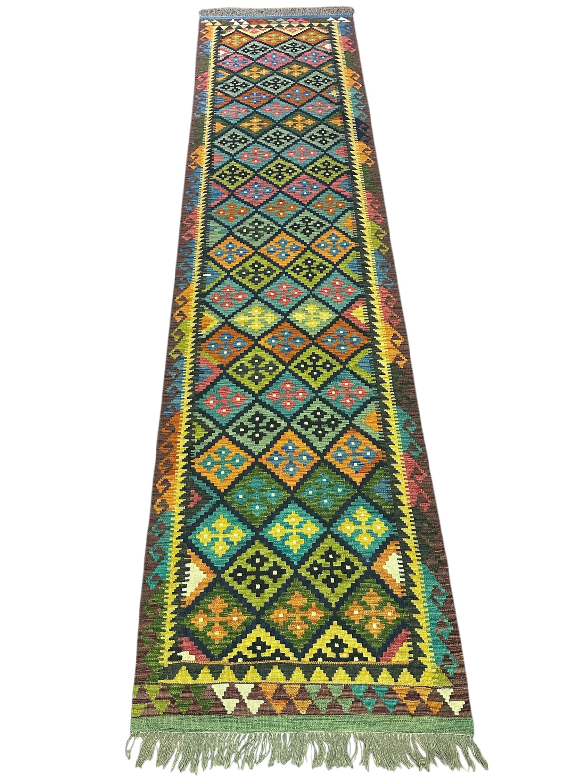Afghan Kilim Runner 3x14, Navy, Teal & Yellow, Hand-Woven Wool Flatweave, view 2