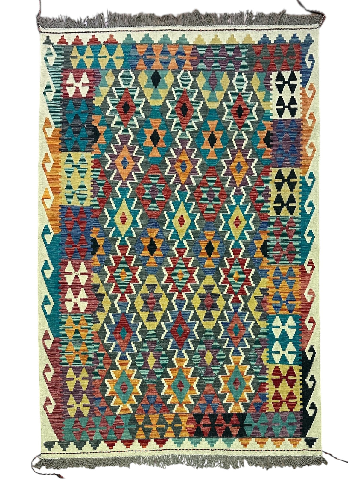 Afghan Kilim Rug 5x7, Teal, Rust & Ivory, Hand-Woven Wool Flatweave
