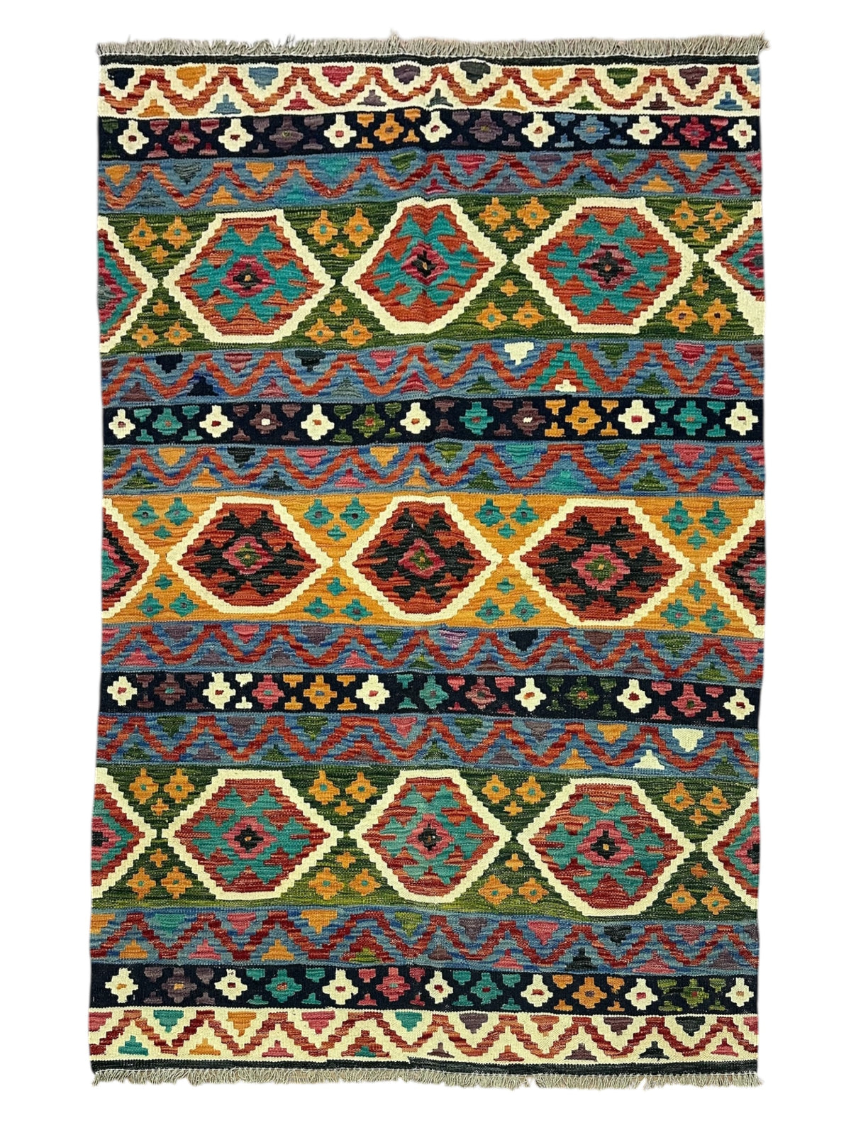 Afghan Kilim Rug 5x7, Rust, Teal & Navy, Hand-Woven Wool Flatweave