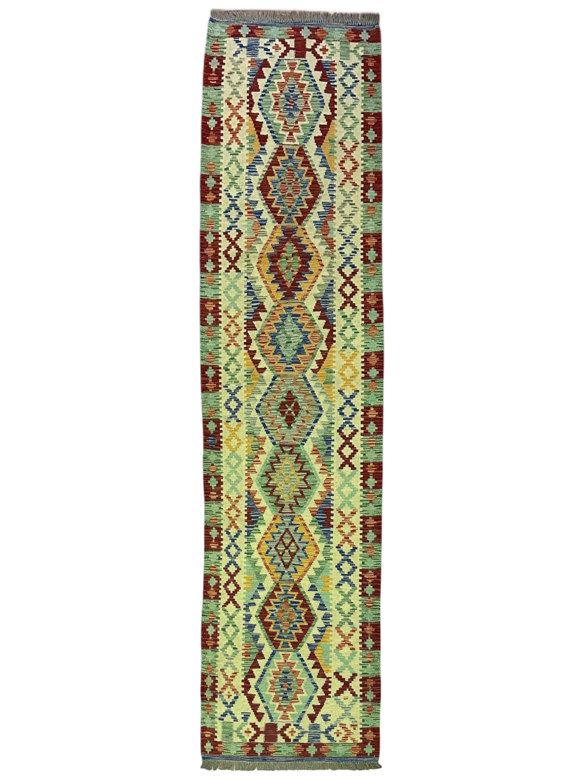 Afghan Kilim Runner 3x10, Ivory, Green & Red, Hand-Woven Wool Flatweave