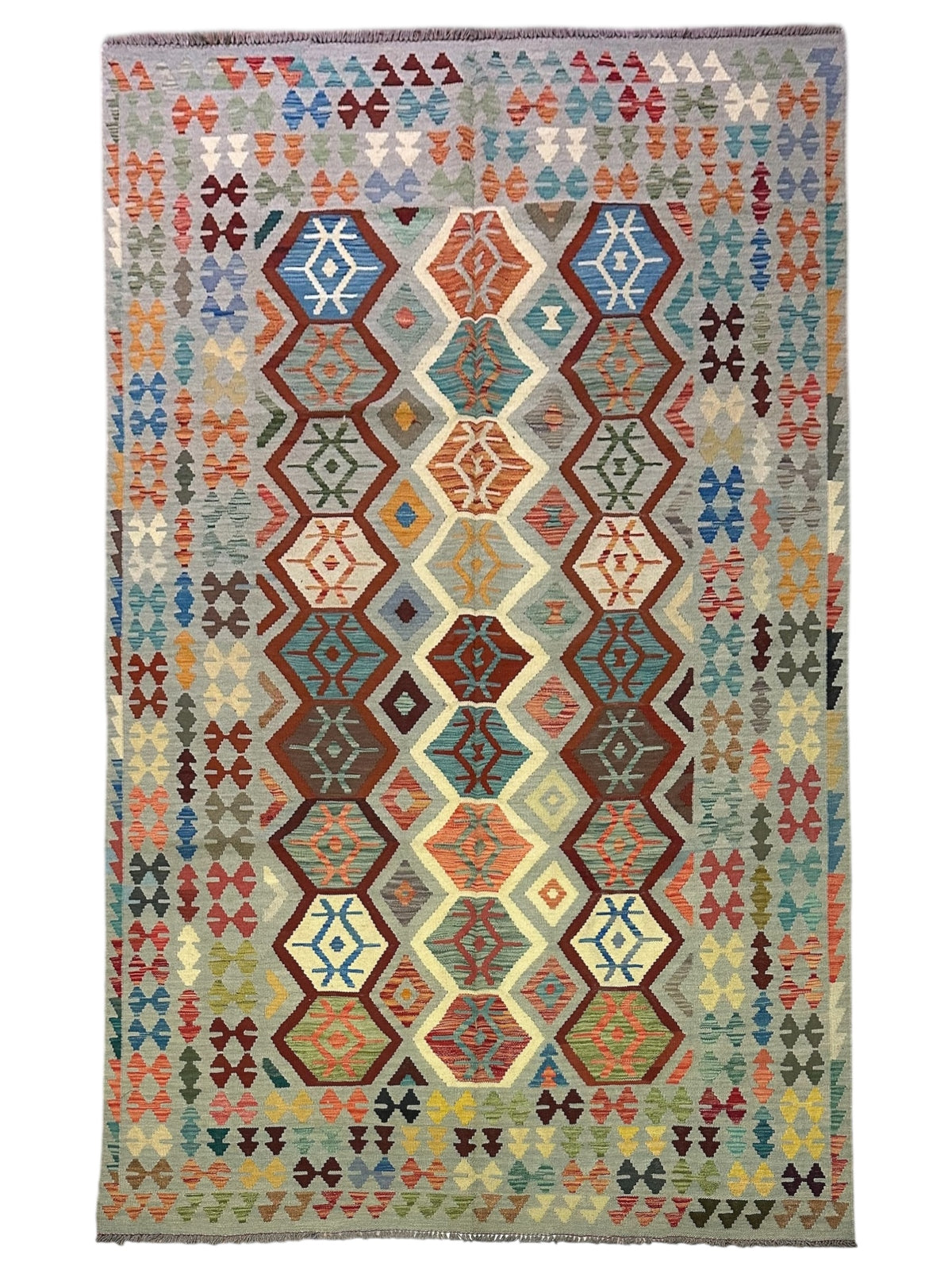 Afghan Kilim Rug 6x10, Gray, Brown & Rust, Hand-Woven Wool Flatweave