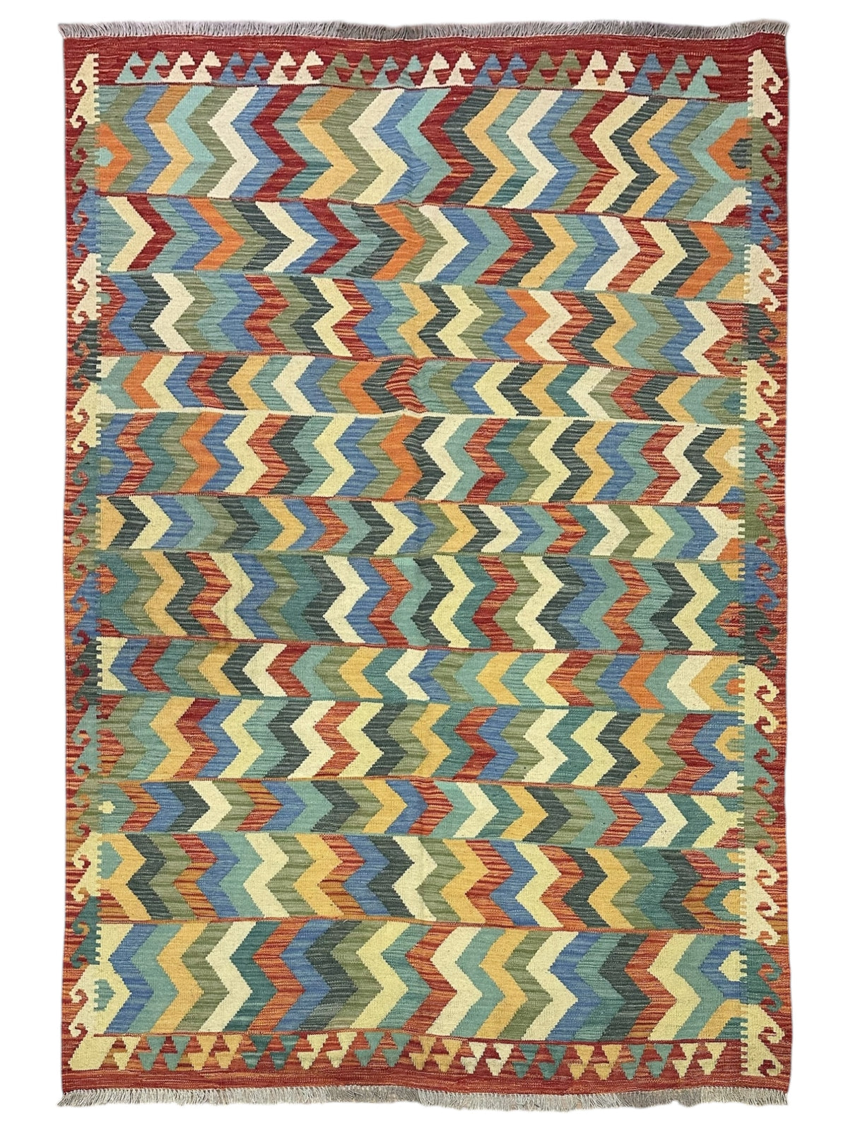 Afghan Kilim Rug 6x8, Red, Blue & Teal, Hand-Woven Wool Flatweave, view 8
