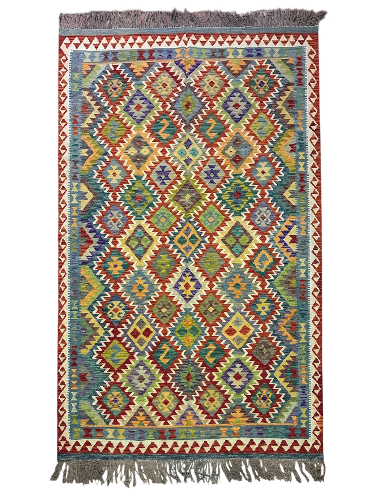 Afghan Kilim Rug 7x10, Olive Green, Red & Gold, Hand-Woven Wool Flatweave