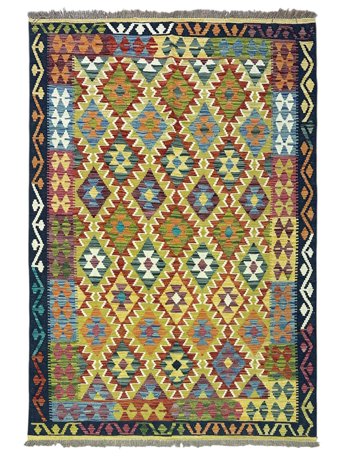Afghan Kilim Rug 5x7, Gold, Navy & Rust, Hand-Woven Wool Flatweave