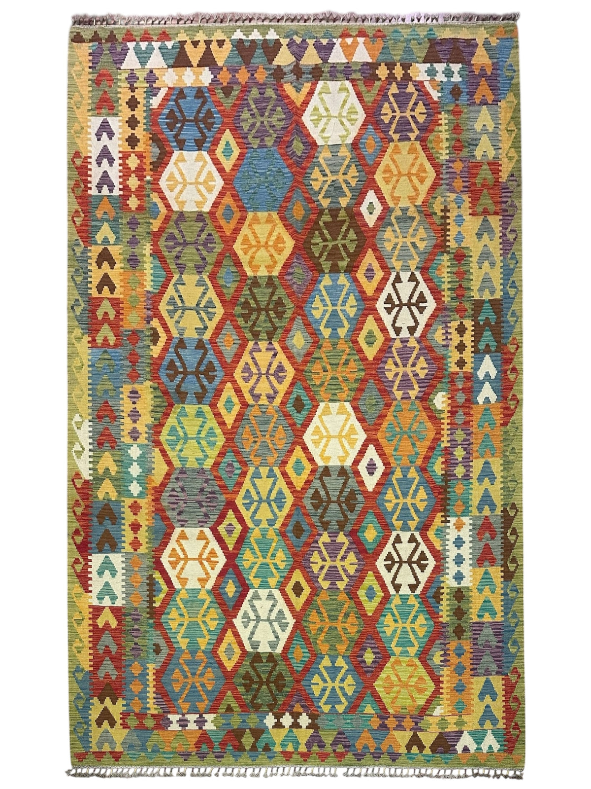 Afghan Kilim Rug 7x10, Rust, Gold & Ivory, Hand-Woven Wool Flatweave