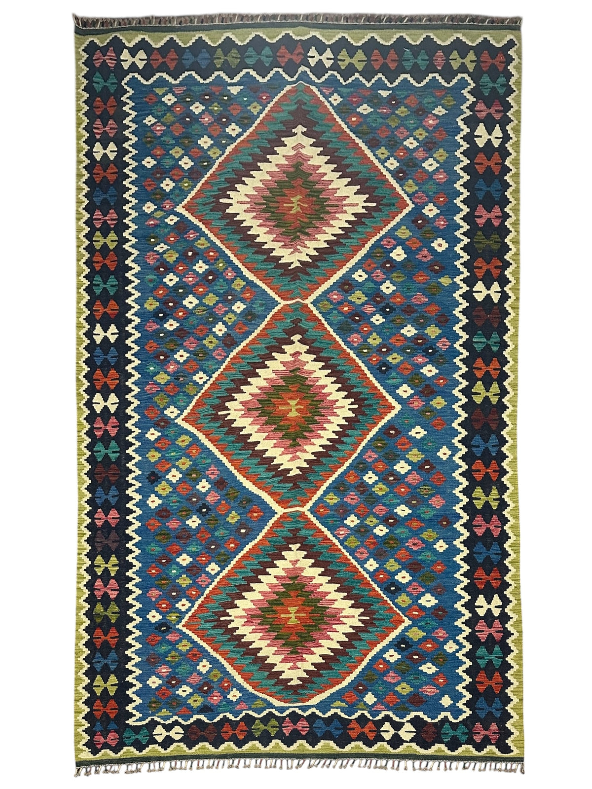 Afghan Kilim Rug 7x10, Blue, Navy & Rust, Hand-Woven Wool Flatweave