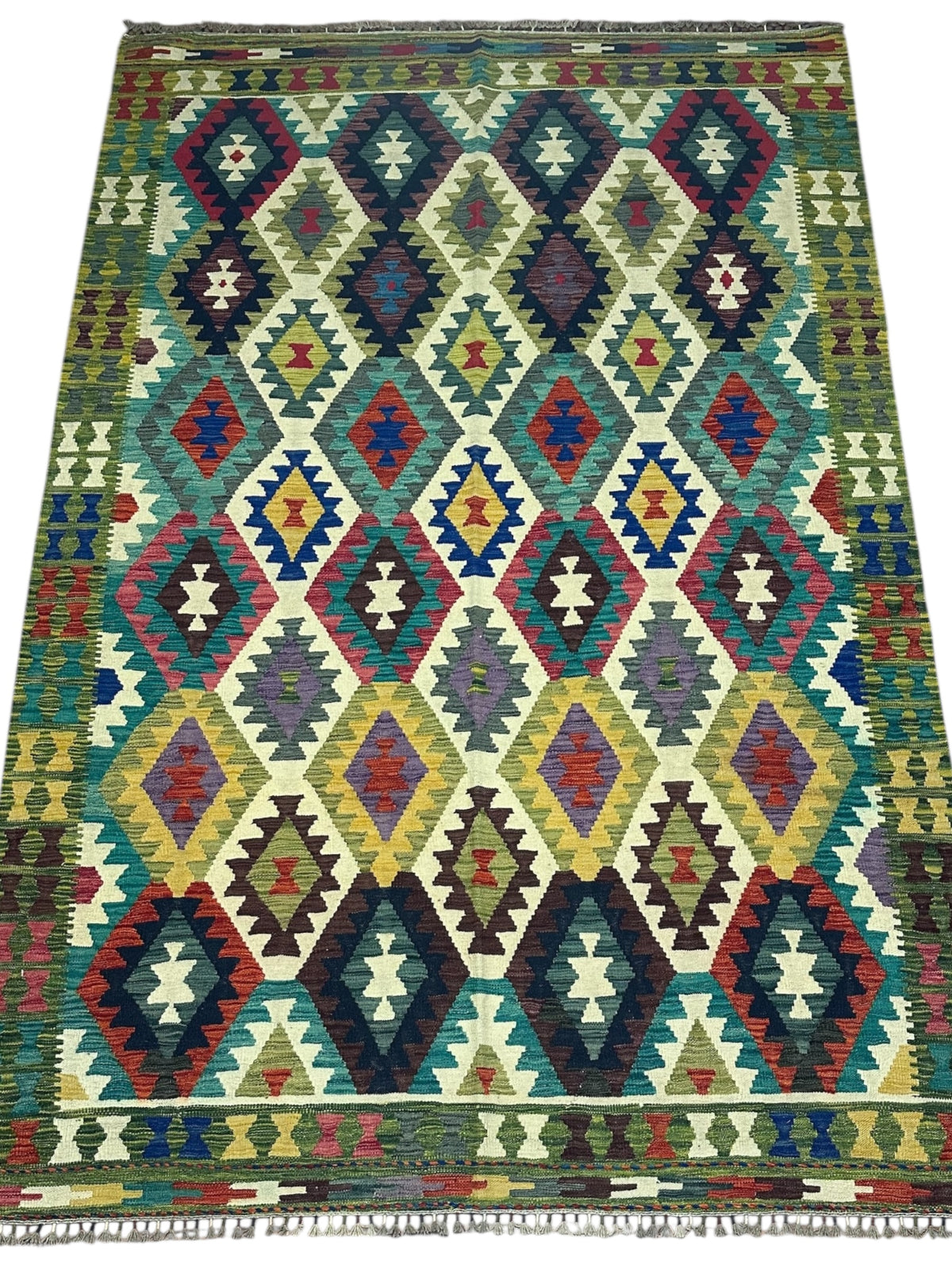 Afghan Kilim Rug 6x10, Ivory, Teal & Navy, Hand-Woven Wool Flatweave, view 2