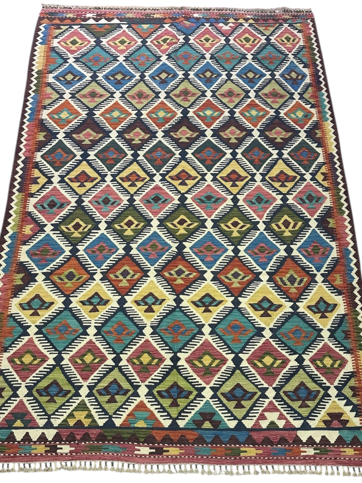 Afghan Kilim Rug 7x10, Navy, Ivory & Teal, Hand-Woven Wool Flatweave, view 2
