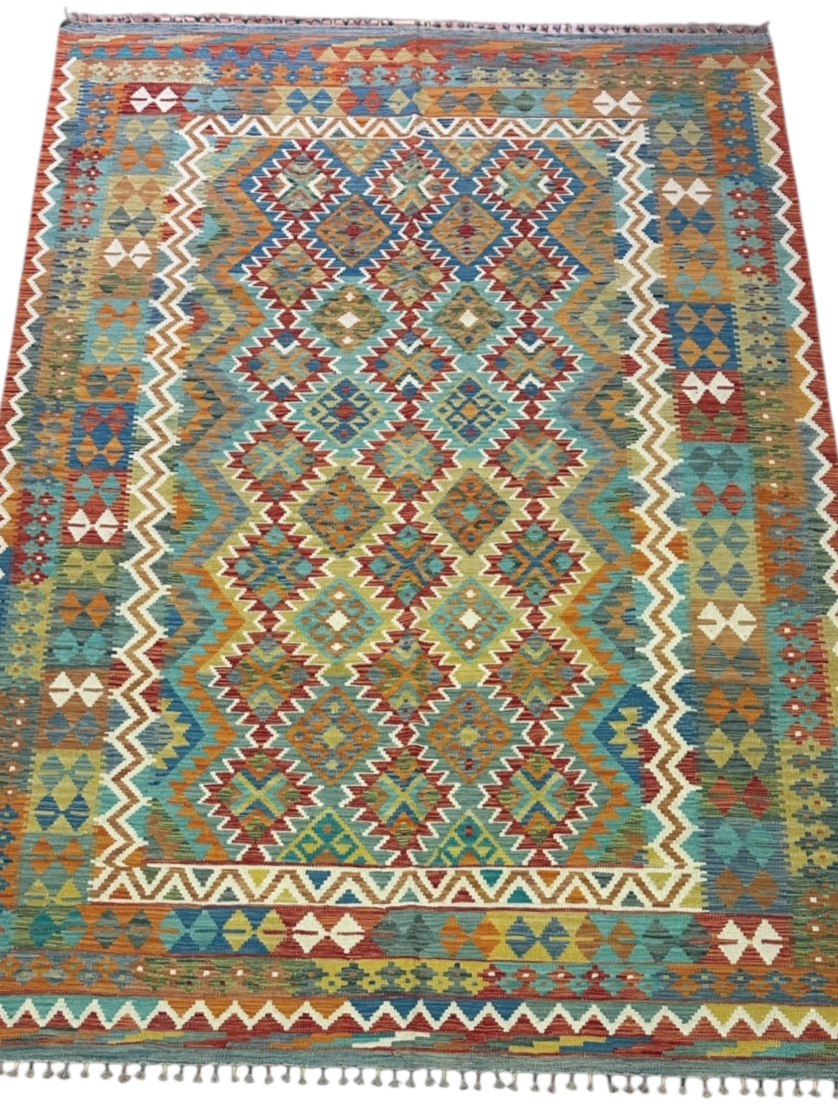 Afghan Kilim Rug 7x10, Rust, Teal & Gold, Hand-Woven Wool Flatweave, view 2