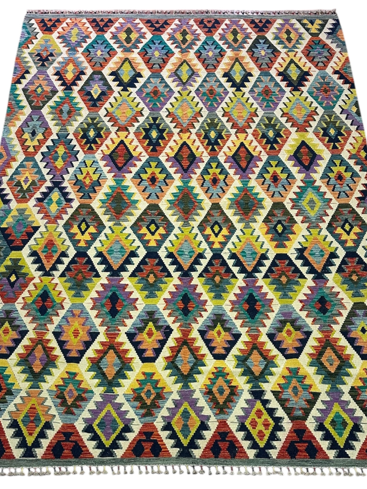 Afghan Kilim Rug 7x10, Ivory, Rust & Teal, Hand-Woven Wool Flatweave, view 2