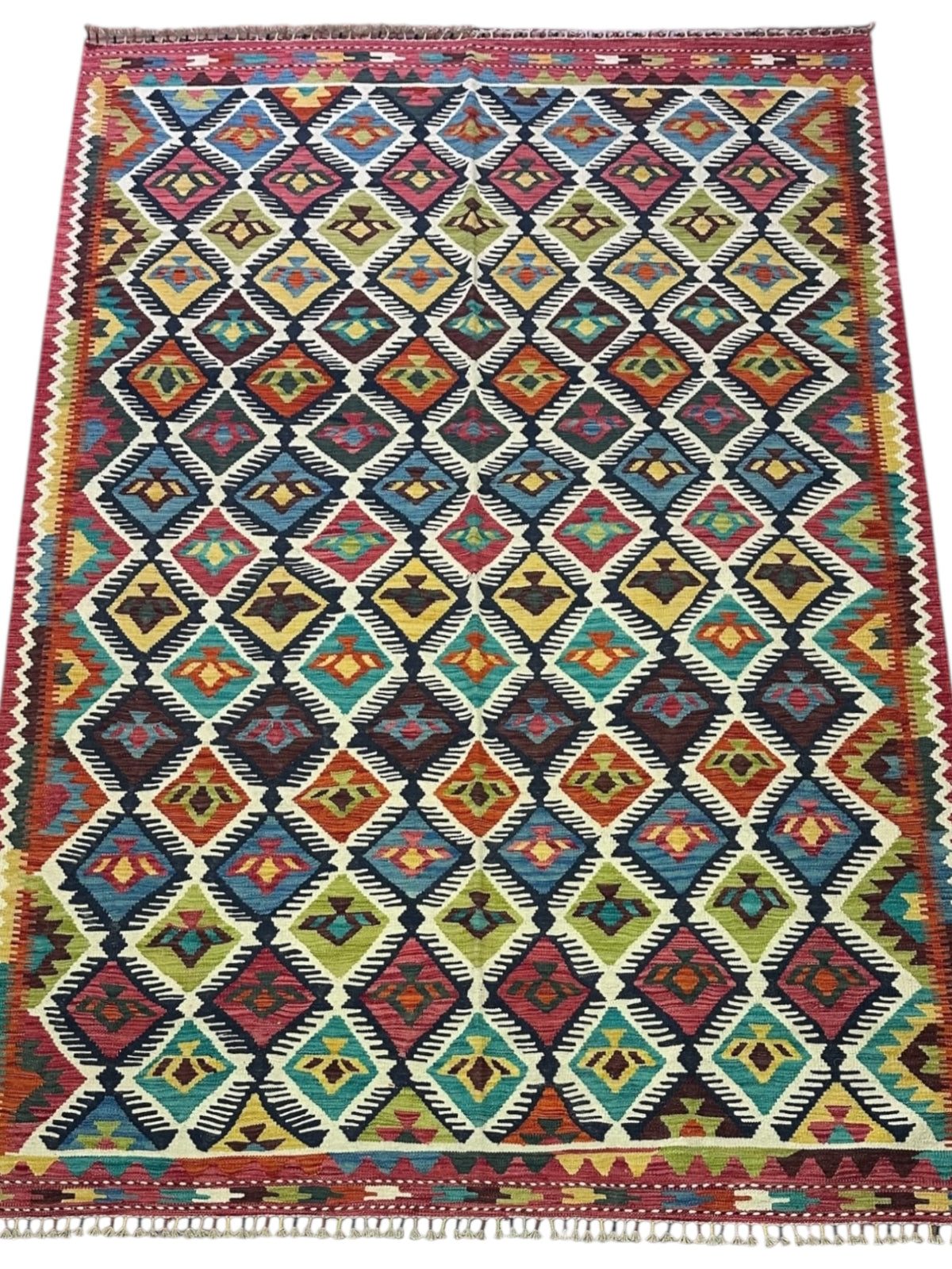 Afghan Kilim Rug 7x10, Navy, Ivory & Red, Hand-Woven Wool Flatweave, view 2