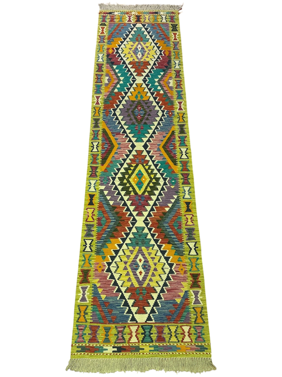 Afghan Kilim Runner 3x10, Olive Green, Teal & Ivory, Hand-Woven Wool Flatweave, view 2