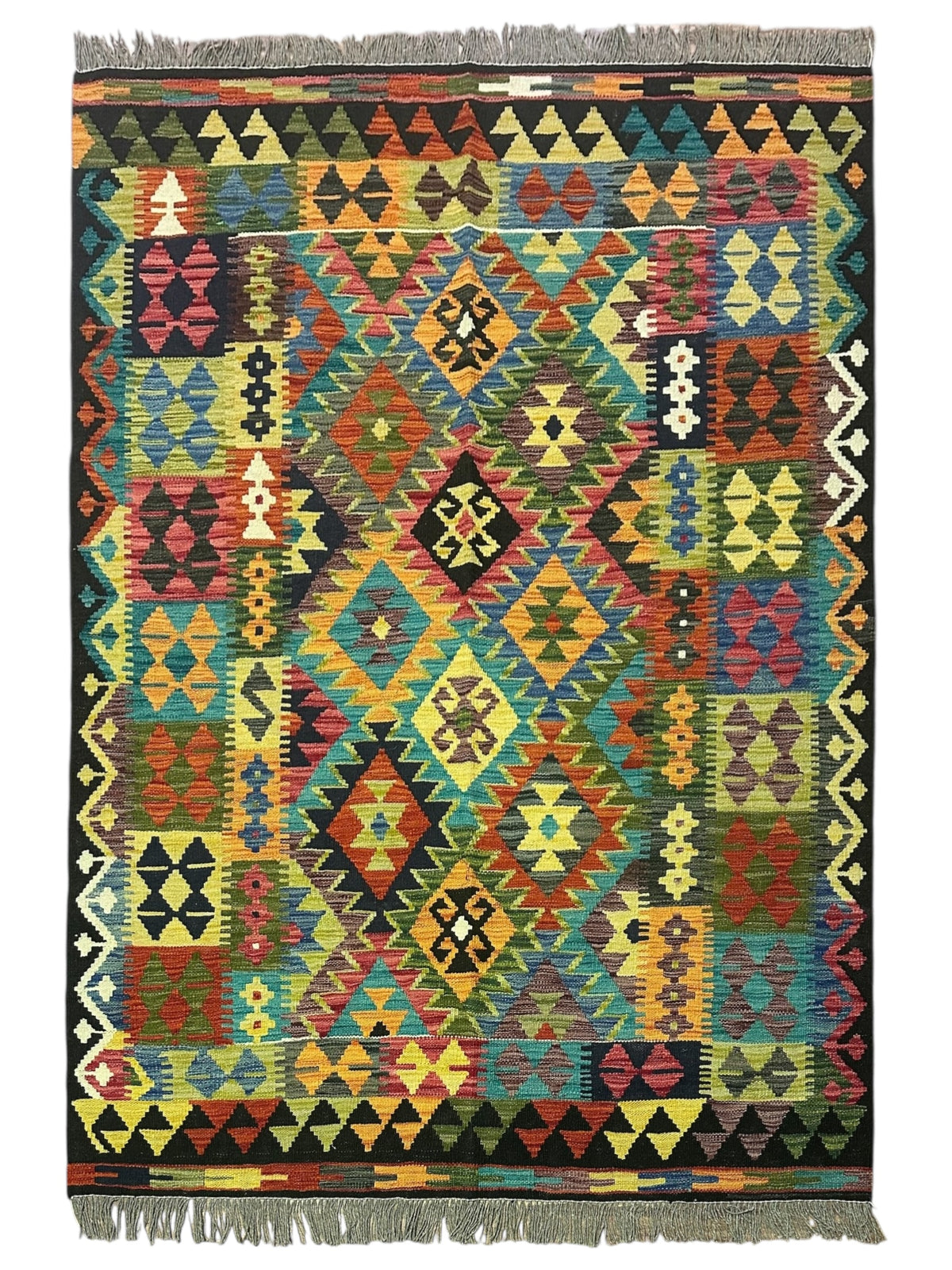 Afghan Kilim Rug 5x6, Rust, Teal & Gold, Hand-Woven Wool Flatweave