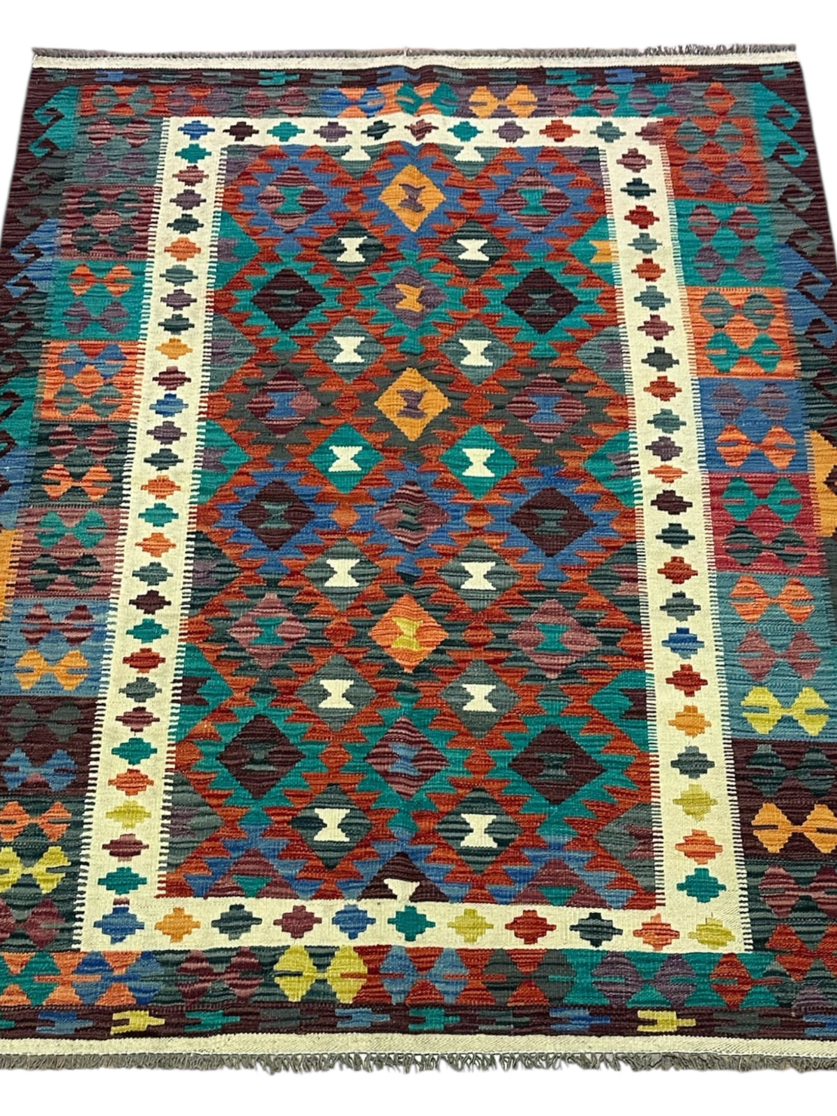 Afghan Kilim Rug 5x6, Rust, Teal & Brown, Hand-Woven Wool Flatweave, view 2