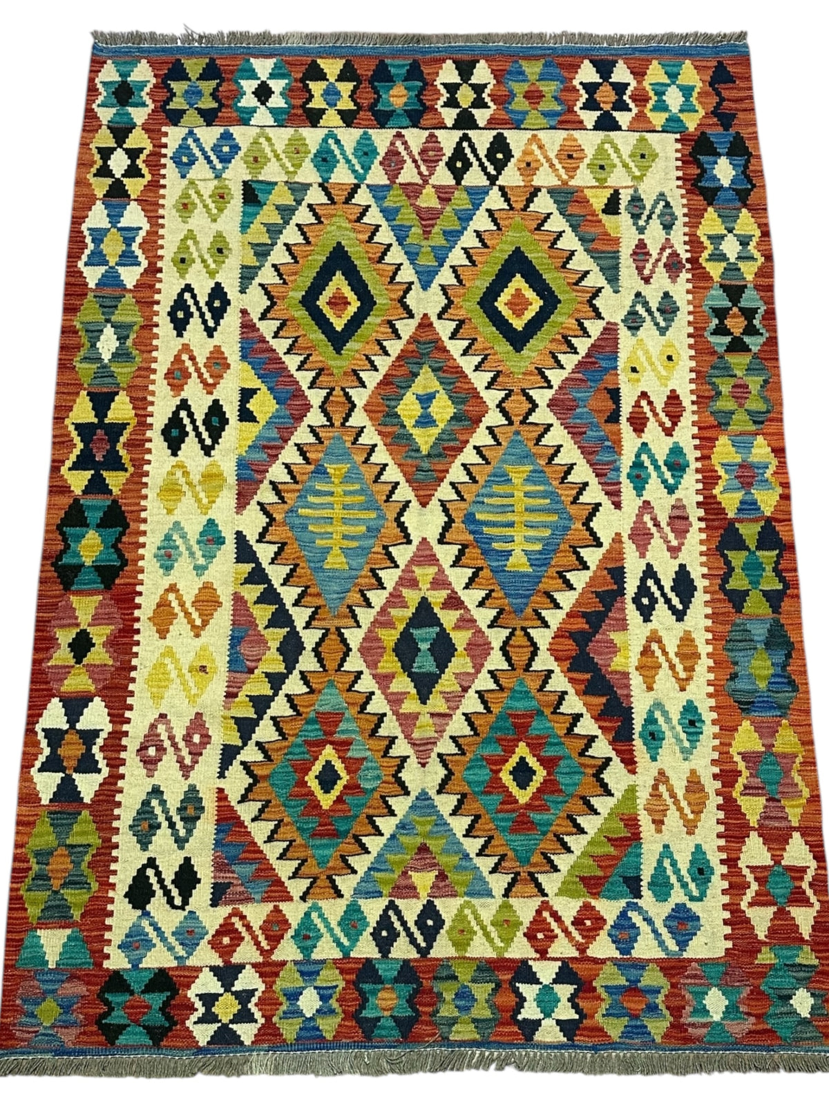 Afghan Kilim Rug 4x6, Ivory, Rust & Gold, Hand-Woven Wool Flatweave, view 2
