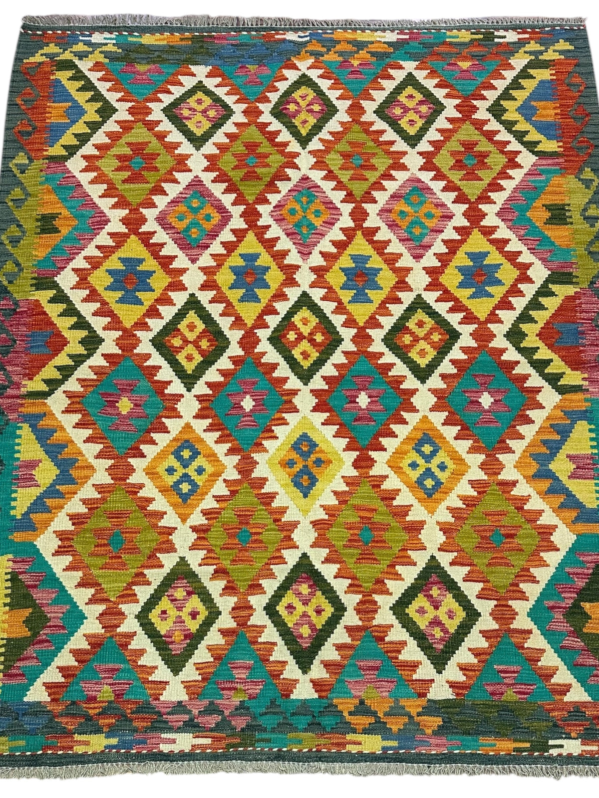 Afghan Kilim Rug 5x6, Rust, Ivory & Teal, Diamond Lattice Wool Flatweave, view 2