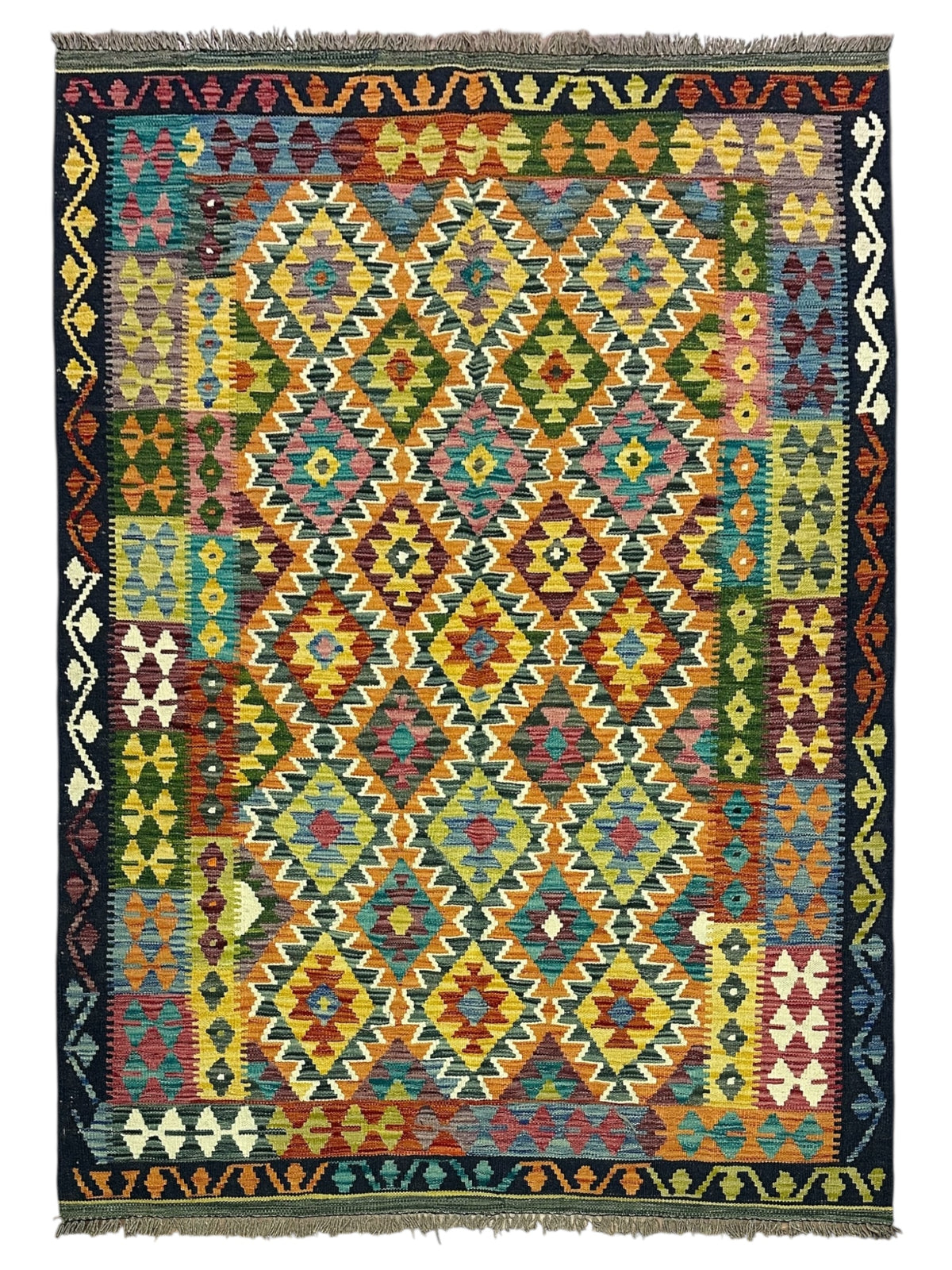 Afghan Kilim Rug 5x6, Gold, Rust & Navy, Hand-Woven Wool Flatweave