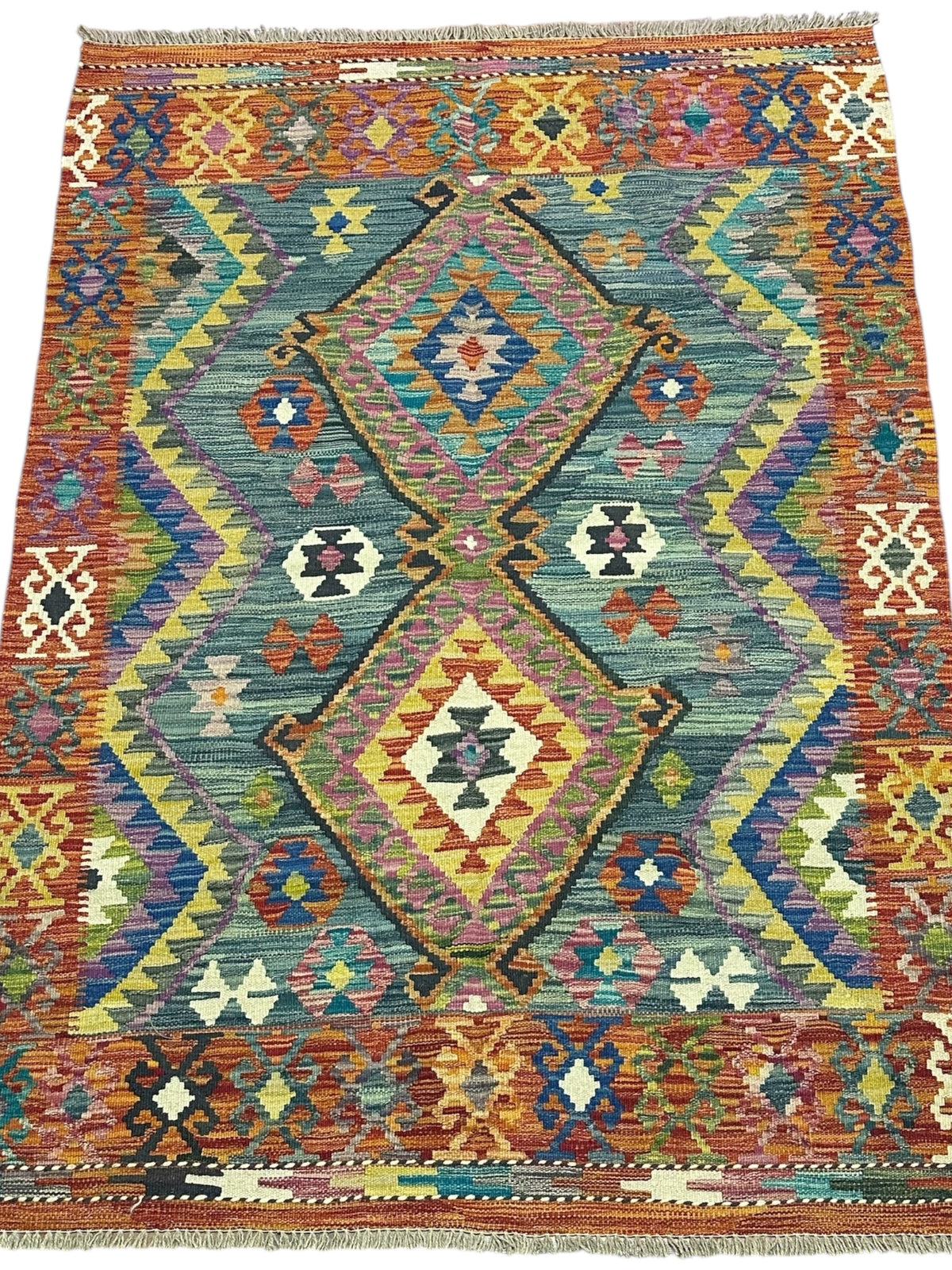 Afghan Kilim Rug 4x6, Teal, Rust & Gold, Hand-Woven Wool Flatweave, view 2