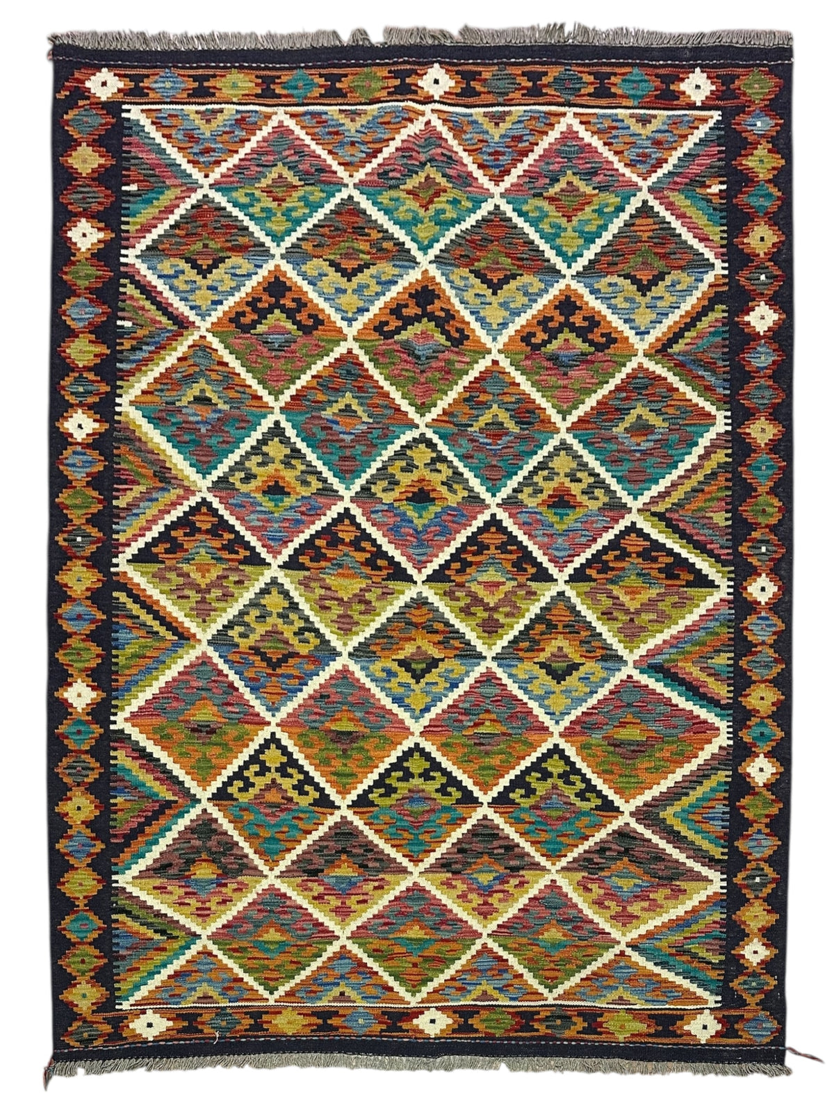 Afghan Kilim Rug 5x7, Navy, Gold & Rust, Hand-Woven Wool Flatweave