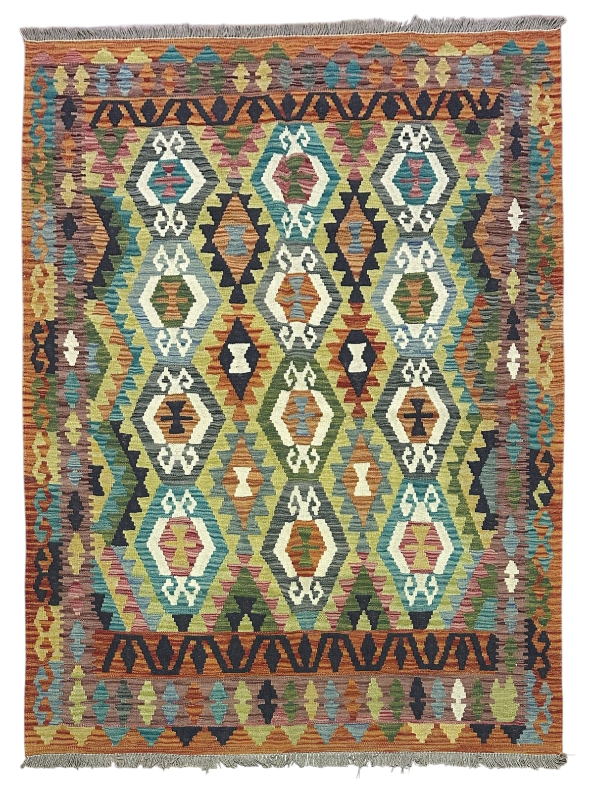 Afghan Kilim Rug 5x7, Olive Green, Rust & Ivory, Hand-Woven Wool Flatweave