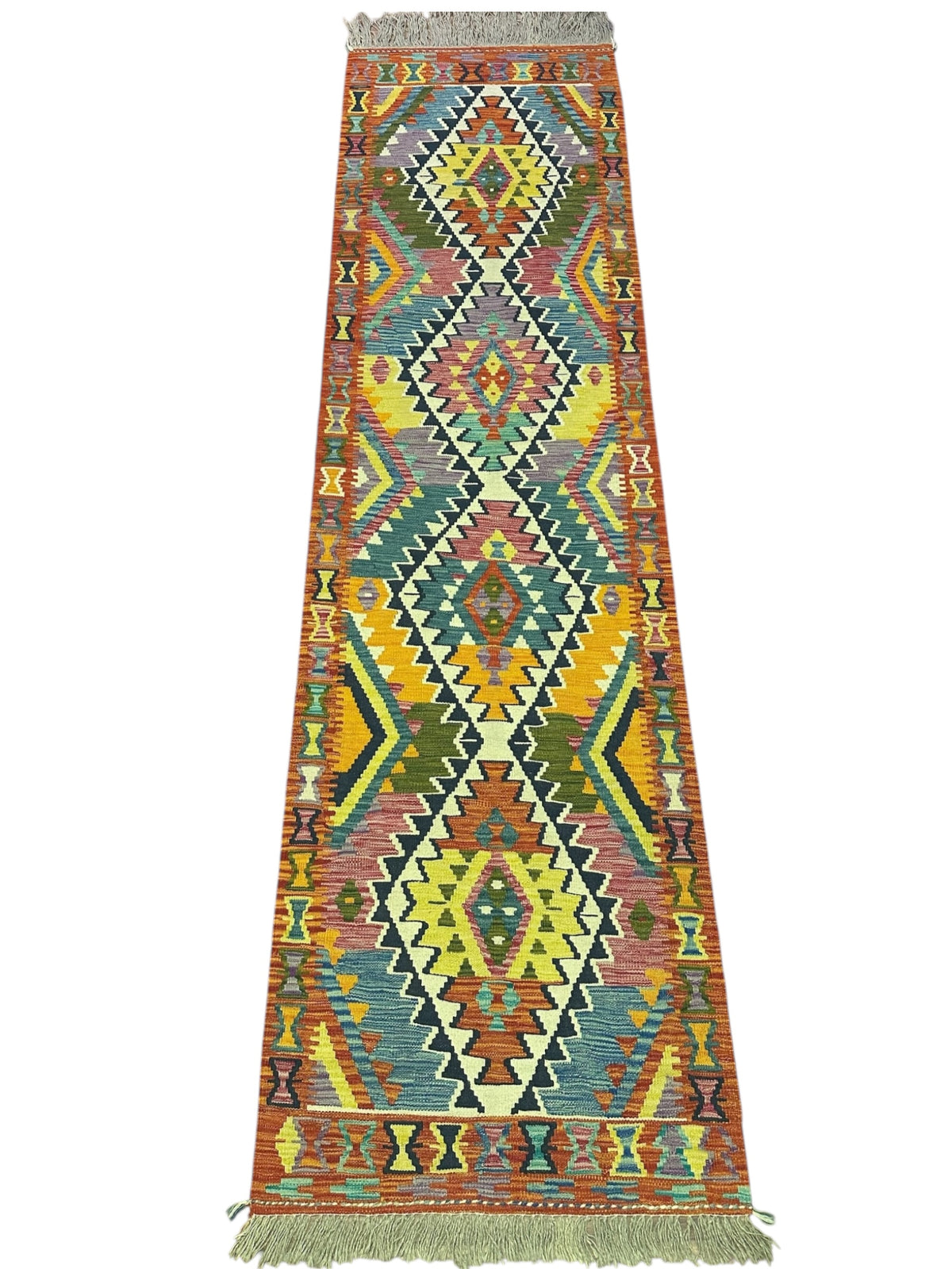 Afghan Kilim Runner 3x10, Rust, Teal & Yellow, Hand-Woven Wool Flatweave, view 2