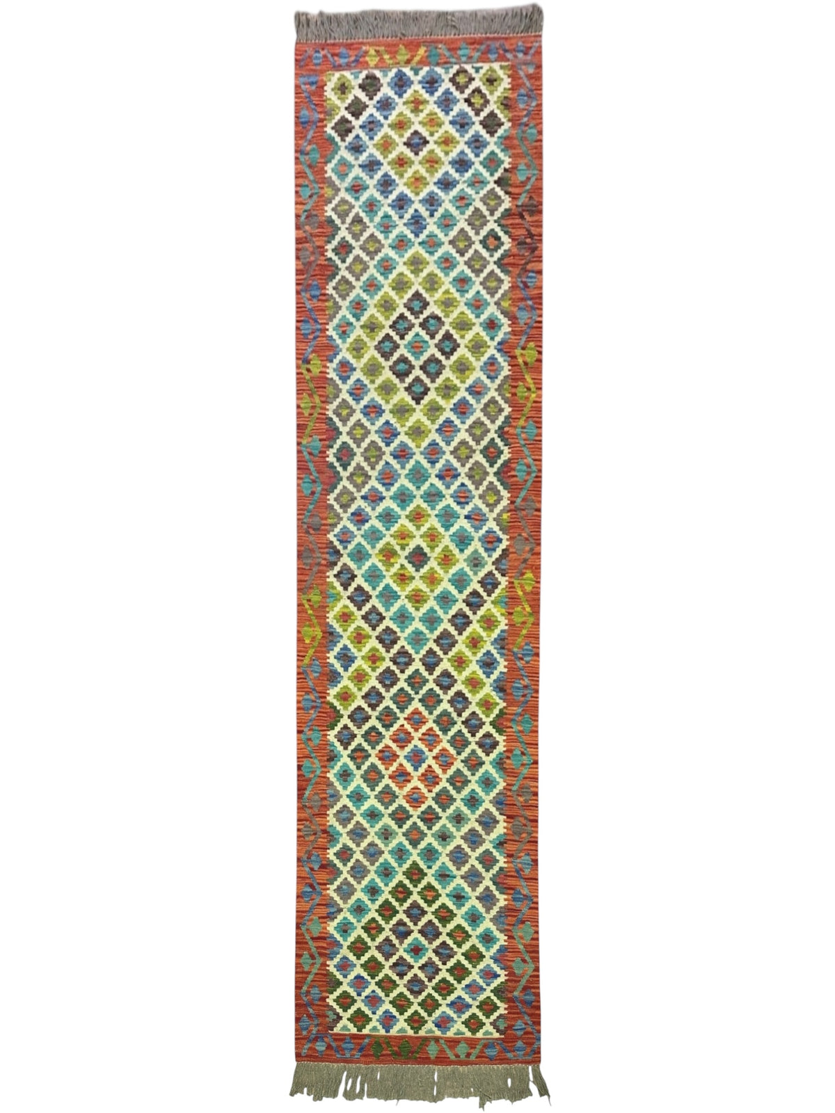 Afghan Kilim Runner 3x10, Ivory, Rust & Teal, Hand-Woven Wool Flatweave