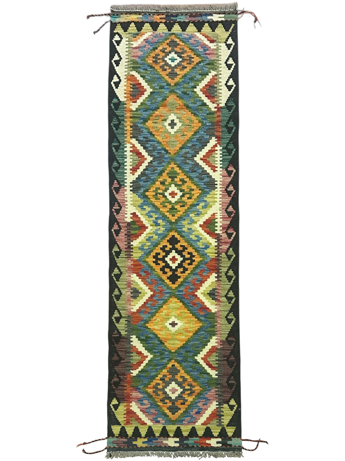 Afghan Kilim Runner 2x7, Navy, Gold & Ivory, Hand-Woven Wool Flatweave