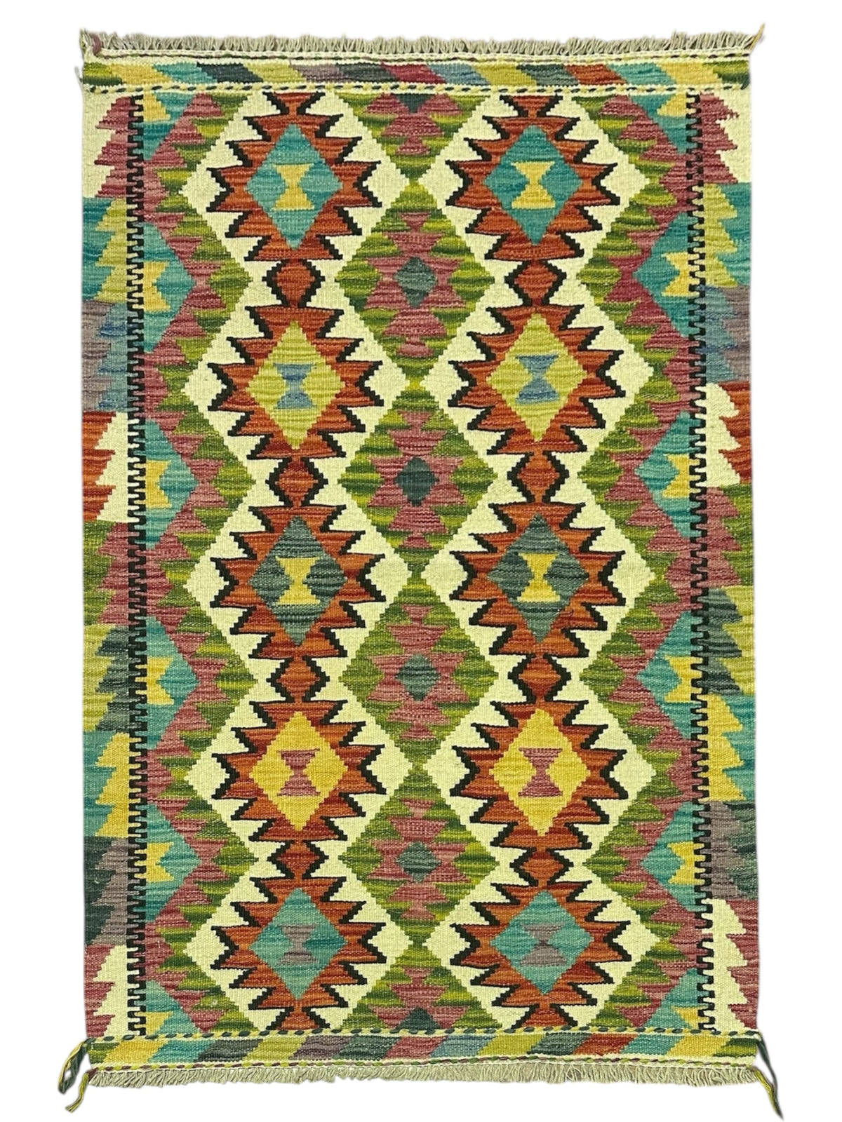 Afghan Kilim Rug 3x4, Olive Green, Rust & Ivory, Hand-Woven Wool Flatweave