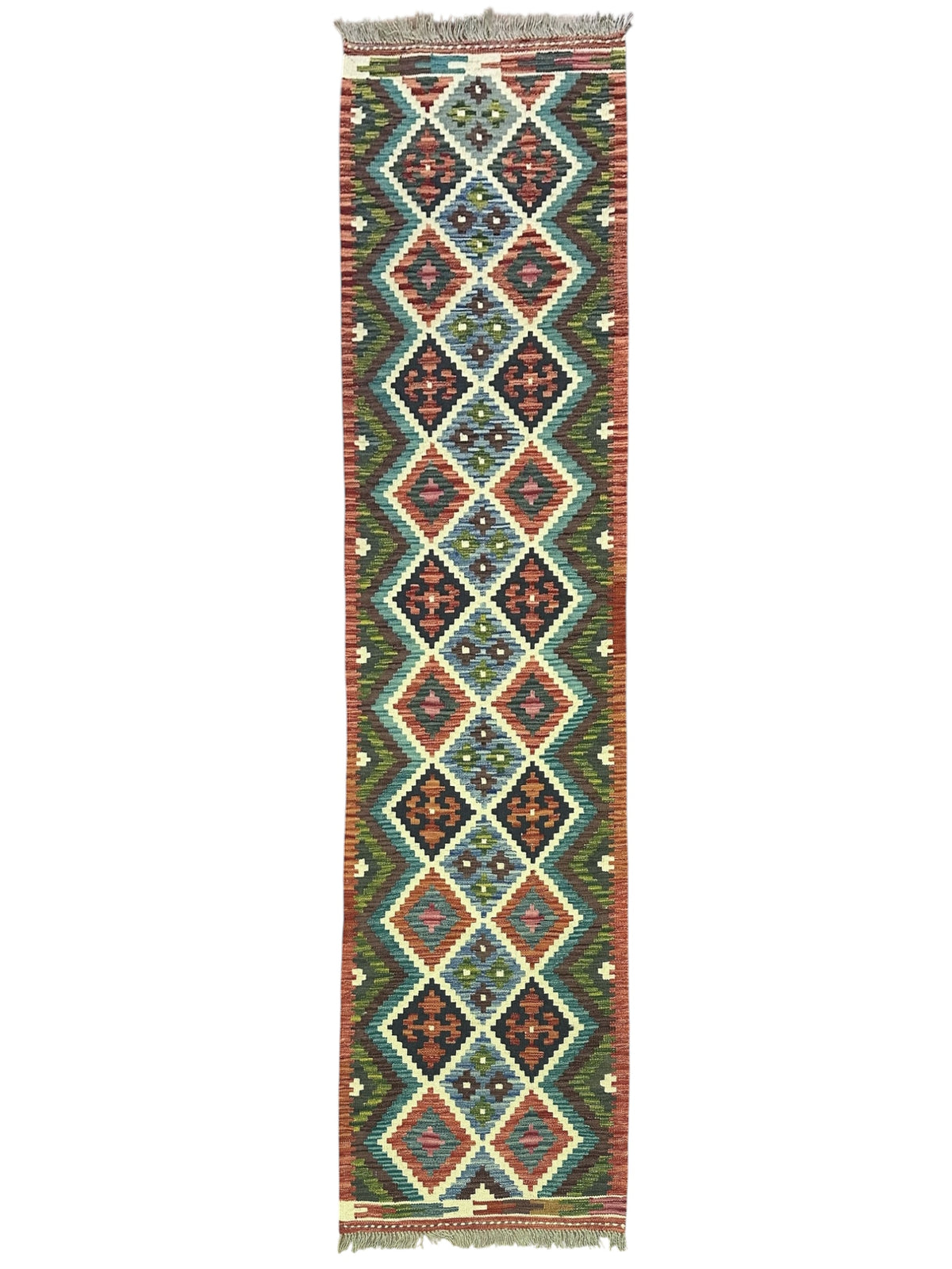 Afghan Kilim Runner 3x9, Navy, Rust & Ivory, Hand-Woven Wool Flatweave