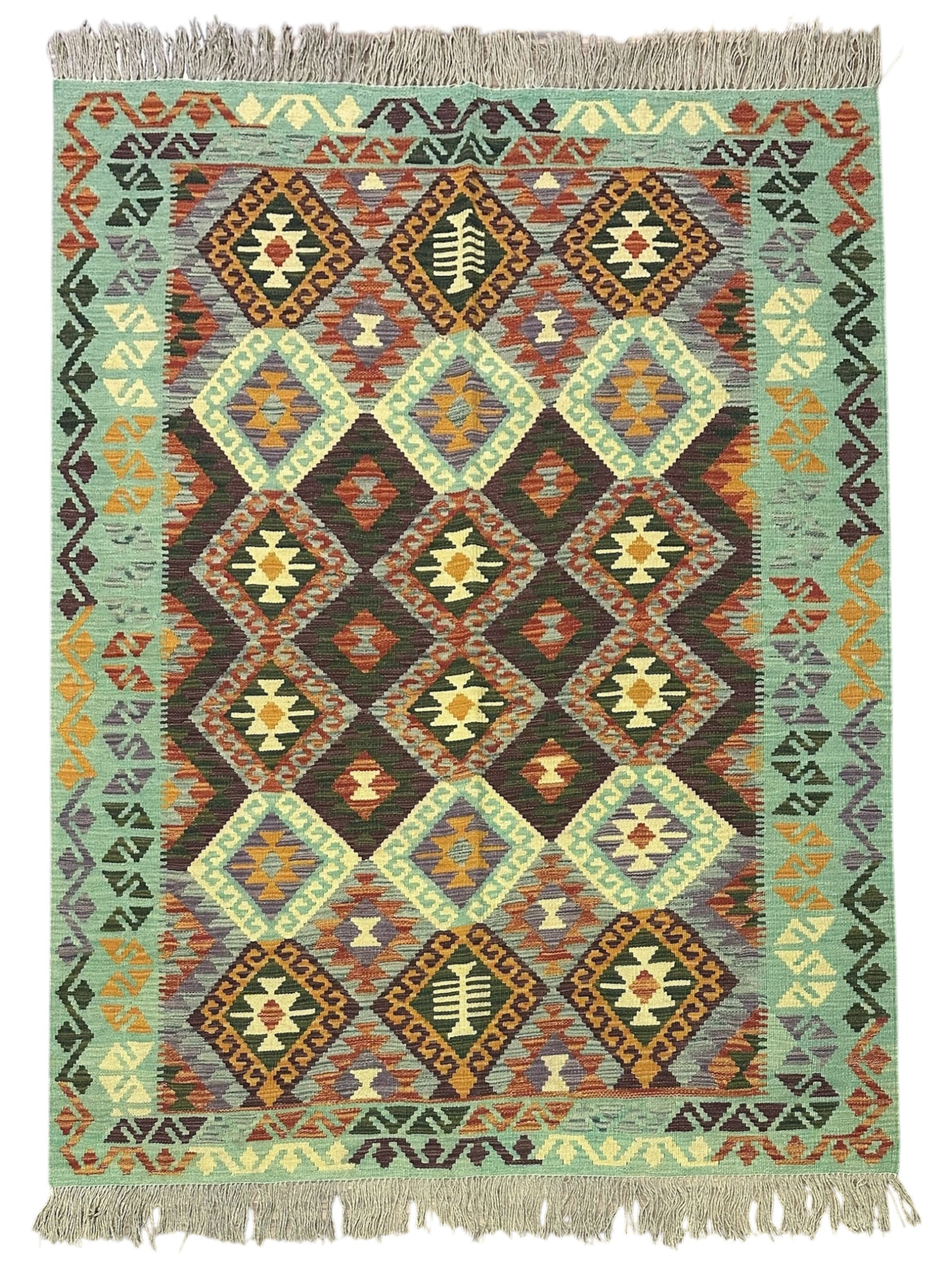 Afghan Kilim Rug 5x6, Green, Brown & Rust, Hand-Woven Wool Flatweave