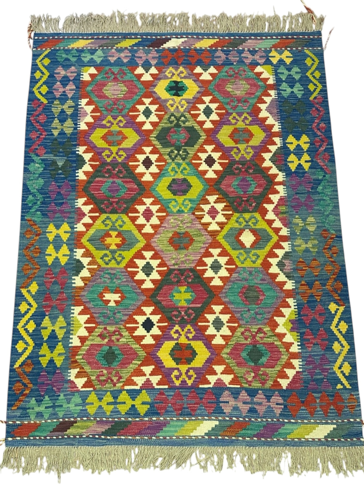 Afghan Kilim Rug 5x6, Red, Blue & Yellow, Hand-Woven Wool Flatweave, view 2