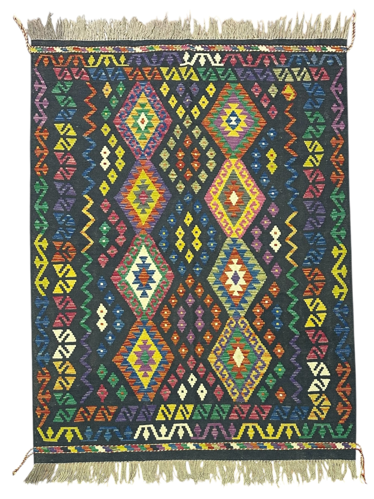 Afghan Kilim Rug 5x6, Navy, Green & Yellow, Hand-Woven Wool Flatweave