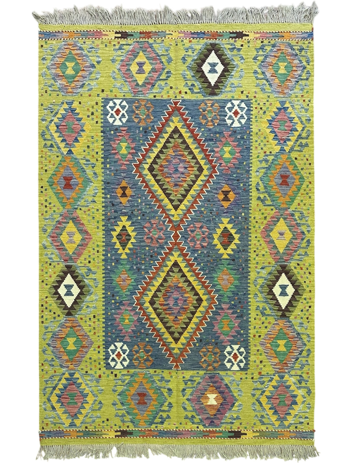Afghan Kilim Rug 5x7, Olive Green, Blue & Purple, Hand-Woven Wool Flatweave