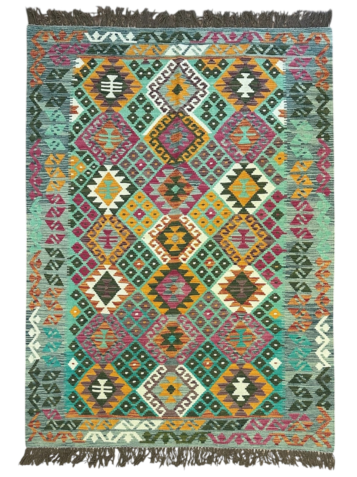 Afghan Kilim Rug 5x7, Teal, Pink & Gold, Hand-Woven Wool Flatweave