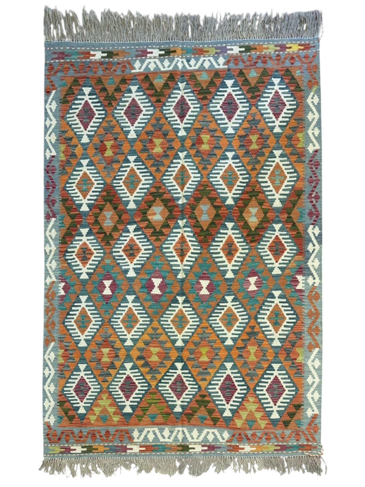 Afghan Kilim Rug 5x7, Rust, Teal & Ivory, Hand-Woven Wool Flatweave