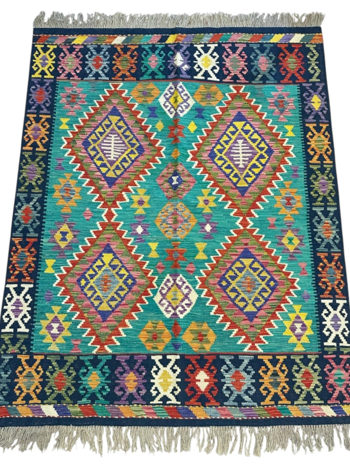 Afghan Kilim Rug 5x6, Teal, Navy & Rust, Hand-Woven Wool Flatweave, view 2